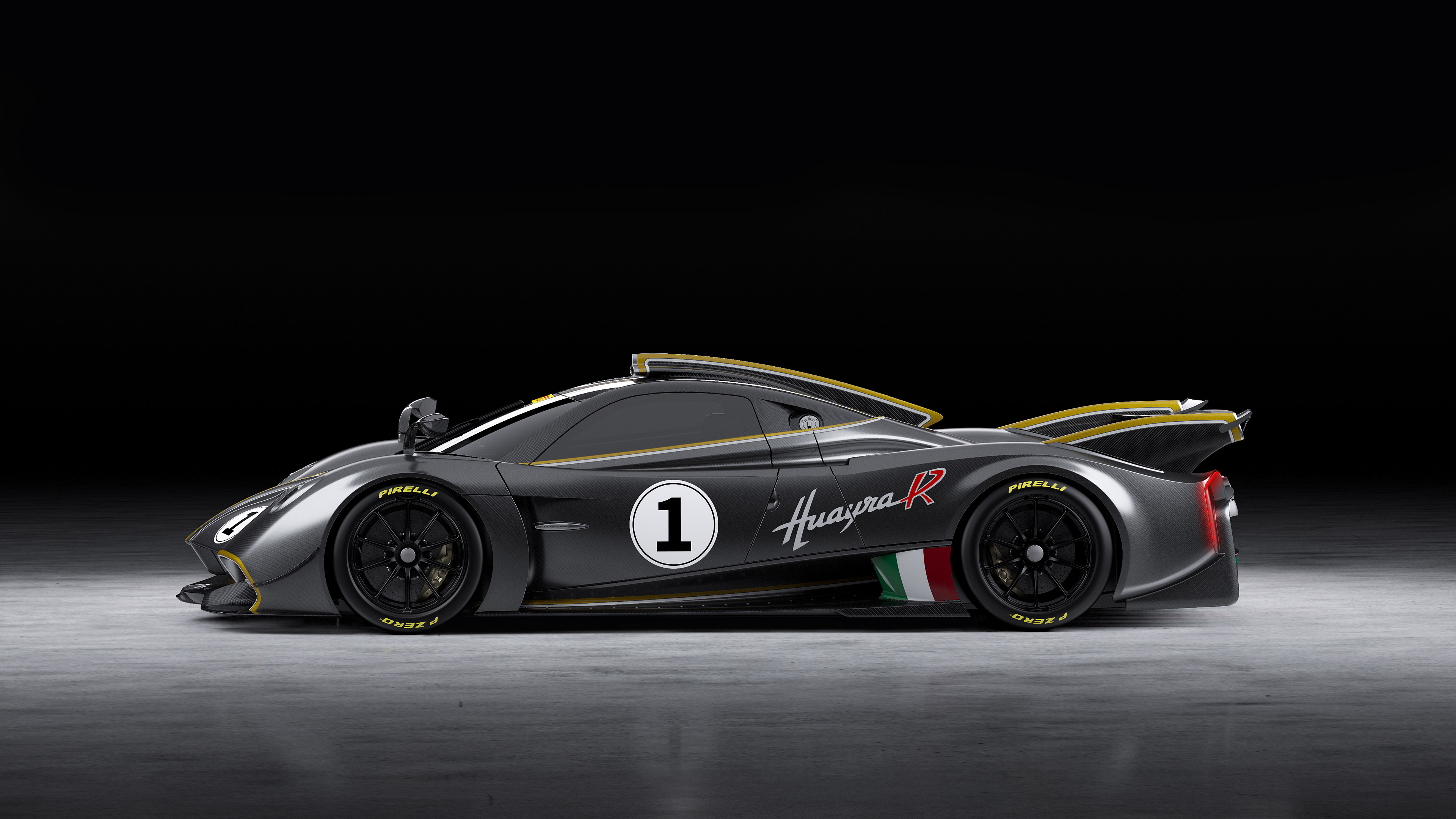 Pagani Huayra R, Dark studio background, Carbon fiber aero bodywork, 4K Desktop wallpaper