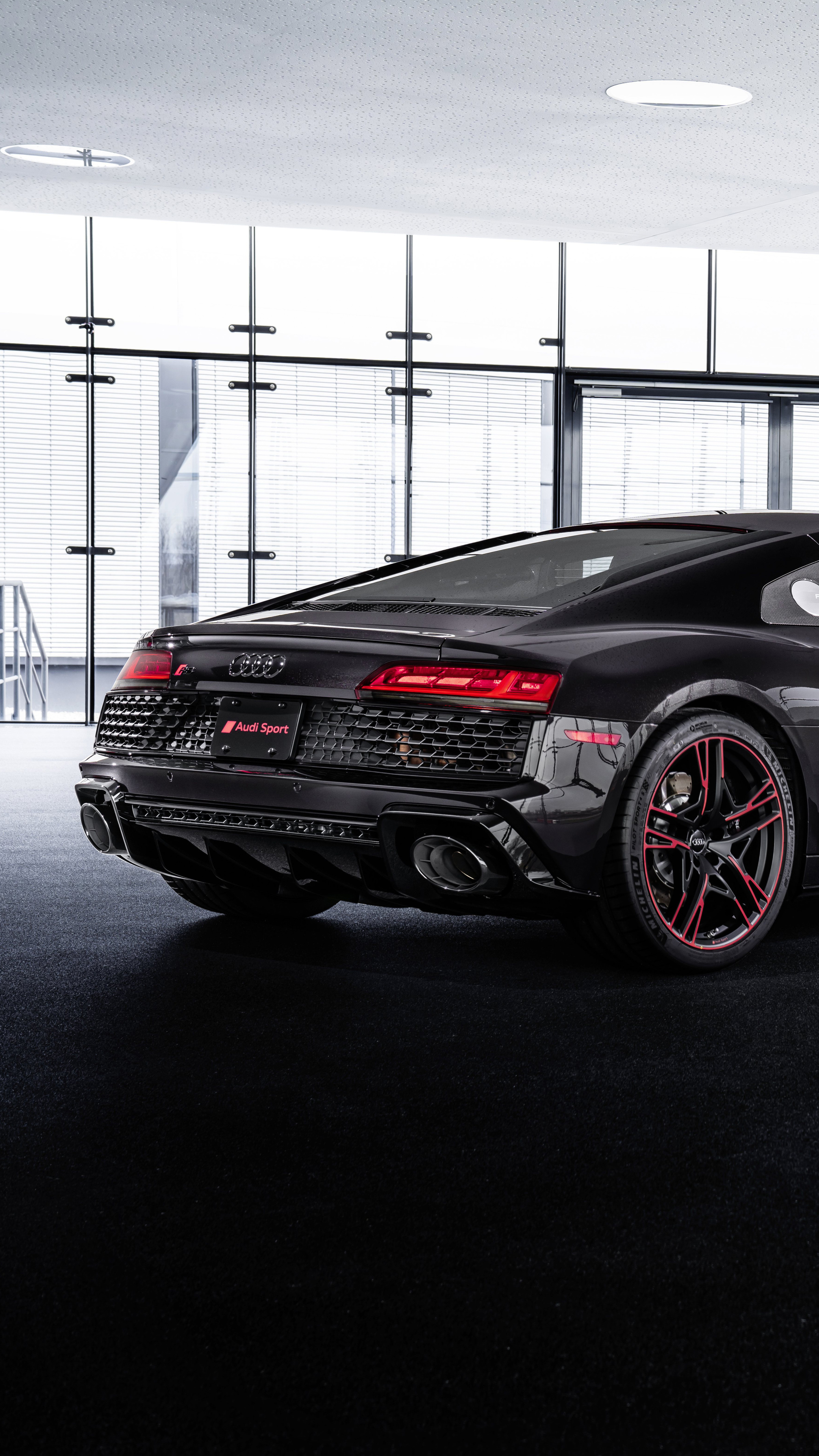 Audi R8 Coupe, Audi Sport emblem, red accented alloy wheel, 4K Phone wallpaper