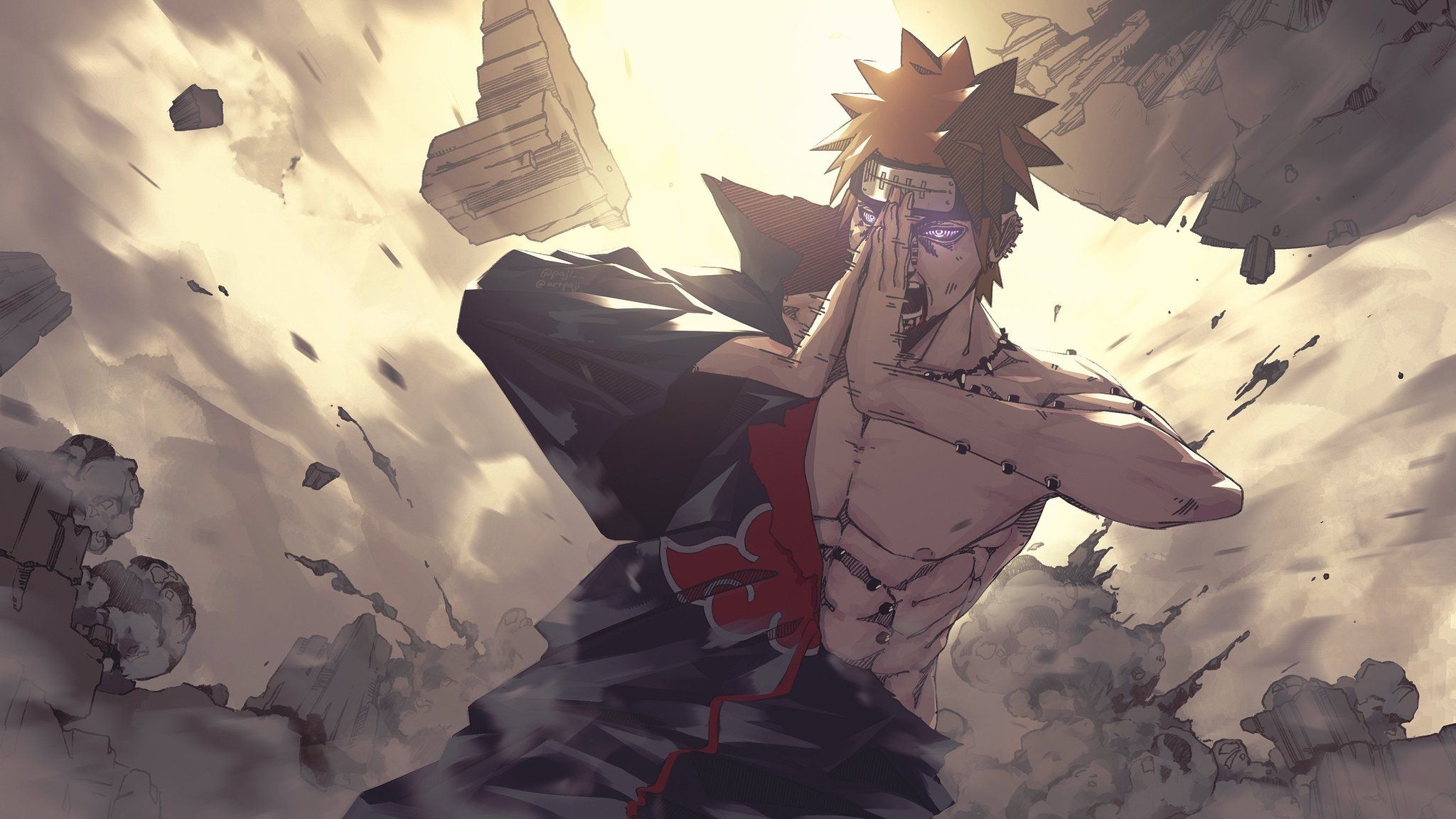 Deva Path Pain, glowing Rinnegan, floating rock debris, HD Desktop wallpaper
