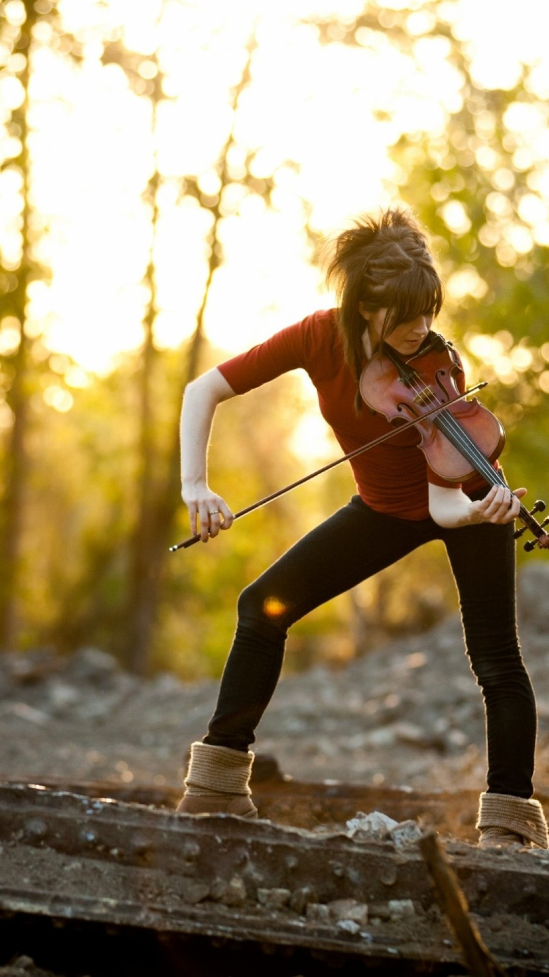 Lindsey Stirling, Forest bokeh wallpaper, iPhone 8 and more, Instrumental vibe, 1080x1920 Full HD Phone