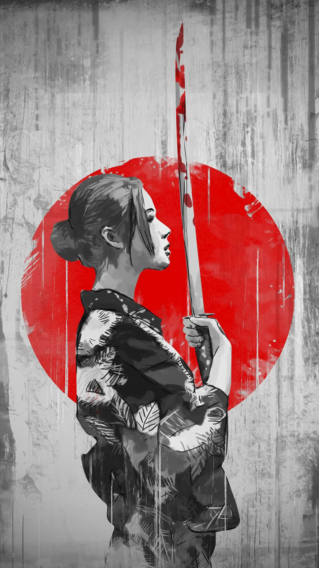 Female samurai in kimono, Blood-stained katana sword, Distressed red sun motif, Full HD Phone wallpaper