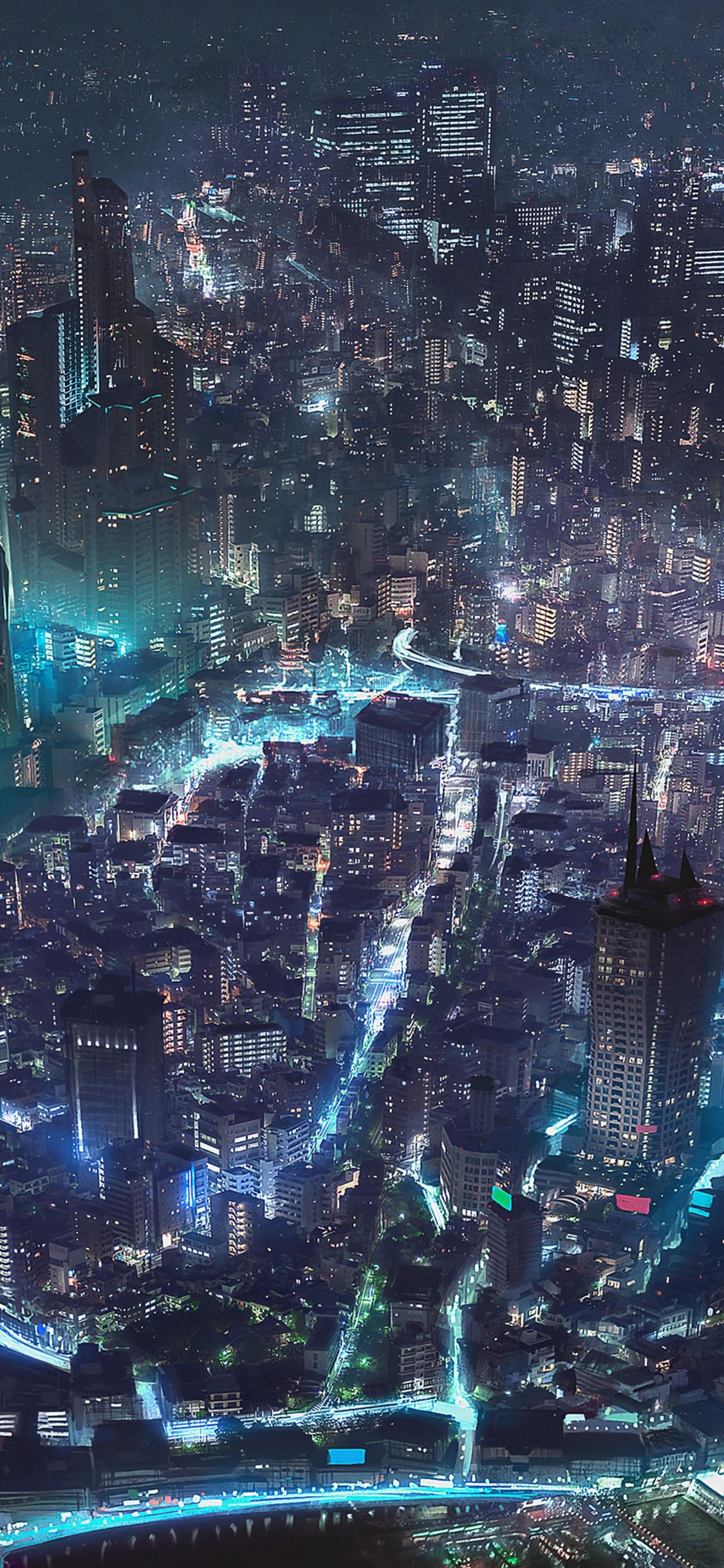 aerial Tokyo cityscape, illuminated cyan streets, dense urban skyscrapers, HD Phone wallpaper