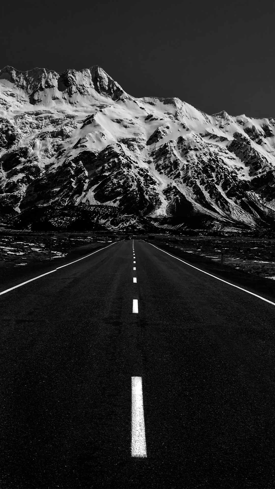 Mount Cook Road, snow-covered mountain range, straight asphalt highway, Full HD Phone wallpaper