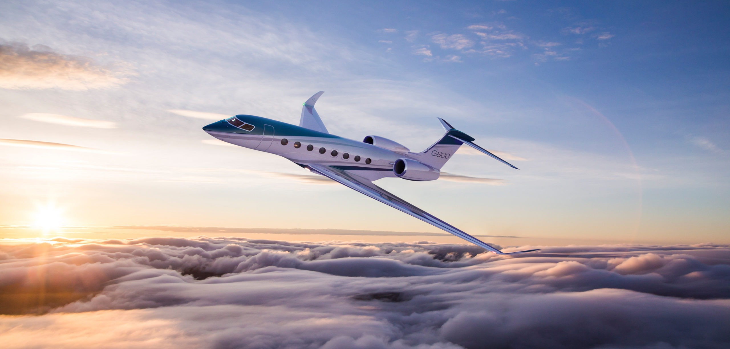 Gulfstream G800 business jet, Rolling sea of clouds, Golden sunrise horizon, Dual Screen Desktop wallpaper