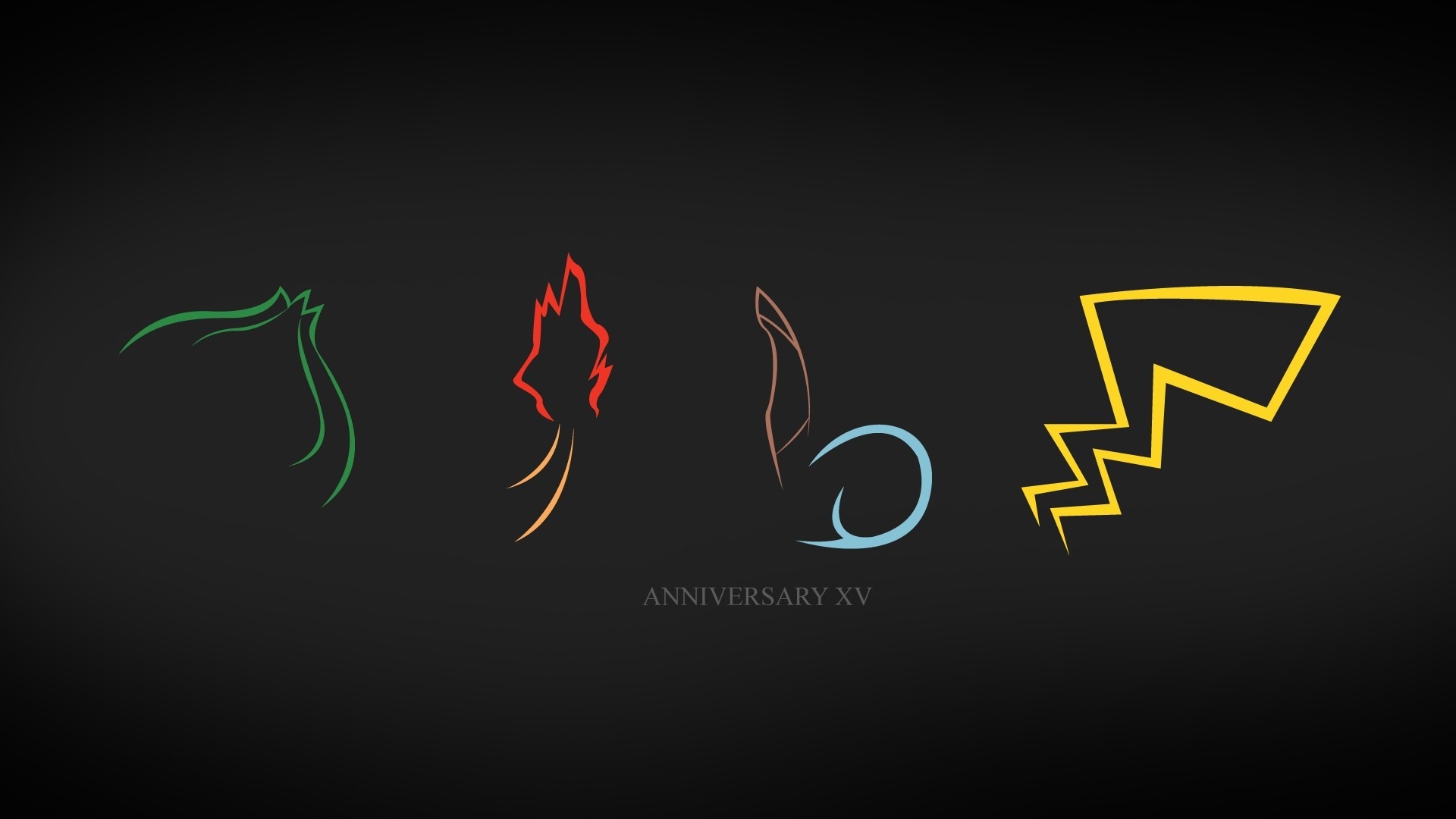 Bulbasaur, Charmander, Squirtle, Pikachu, ANNIVERSARY XV lettering, Neon tail outlines, Full HD Desktop wallpaper