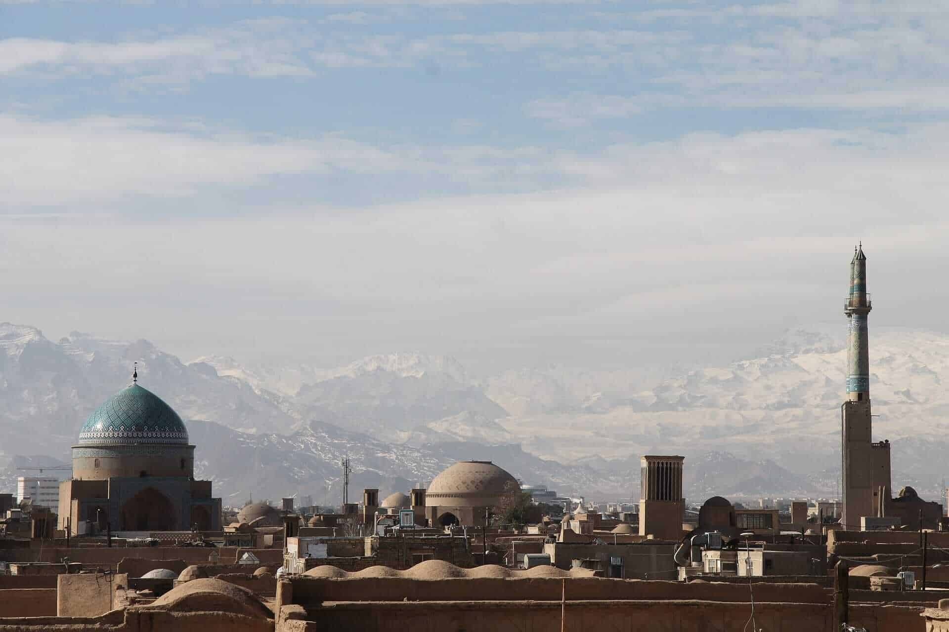 turquoise tiled mosque dome, traditional Persian windcatcher, snow-capped mountain range, HD Desktop wallpaper