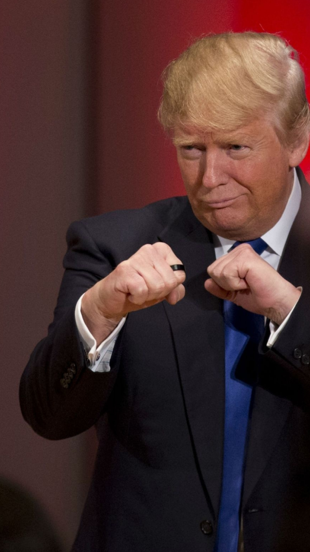 Donald Trump, clenched boxing fists, dark suit with blue tie, Full HD Phone wallpaper
