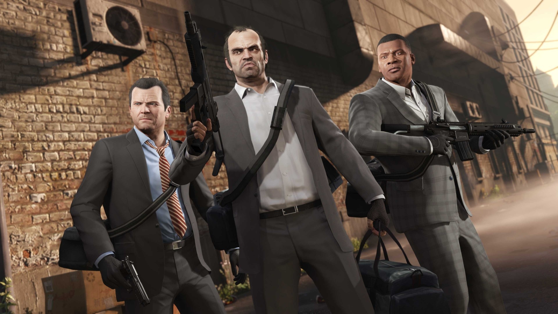 Michael De Santa in grey suit, Trevor Philips with submachine gun, Franklin Clinton with carbine rifle, Duffel bags in alley, Grand Theft Auto V render, Full HD Desktop wallpaper