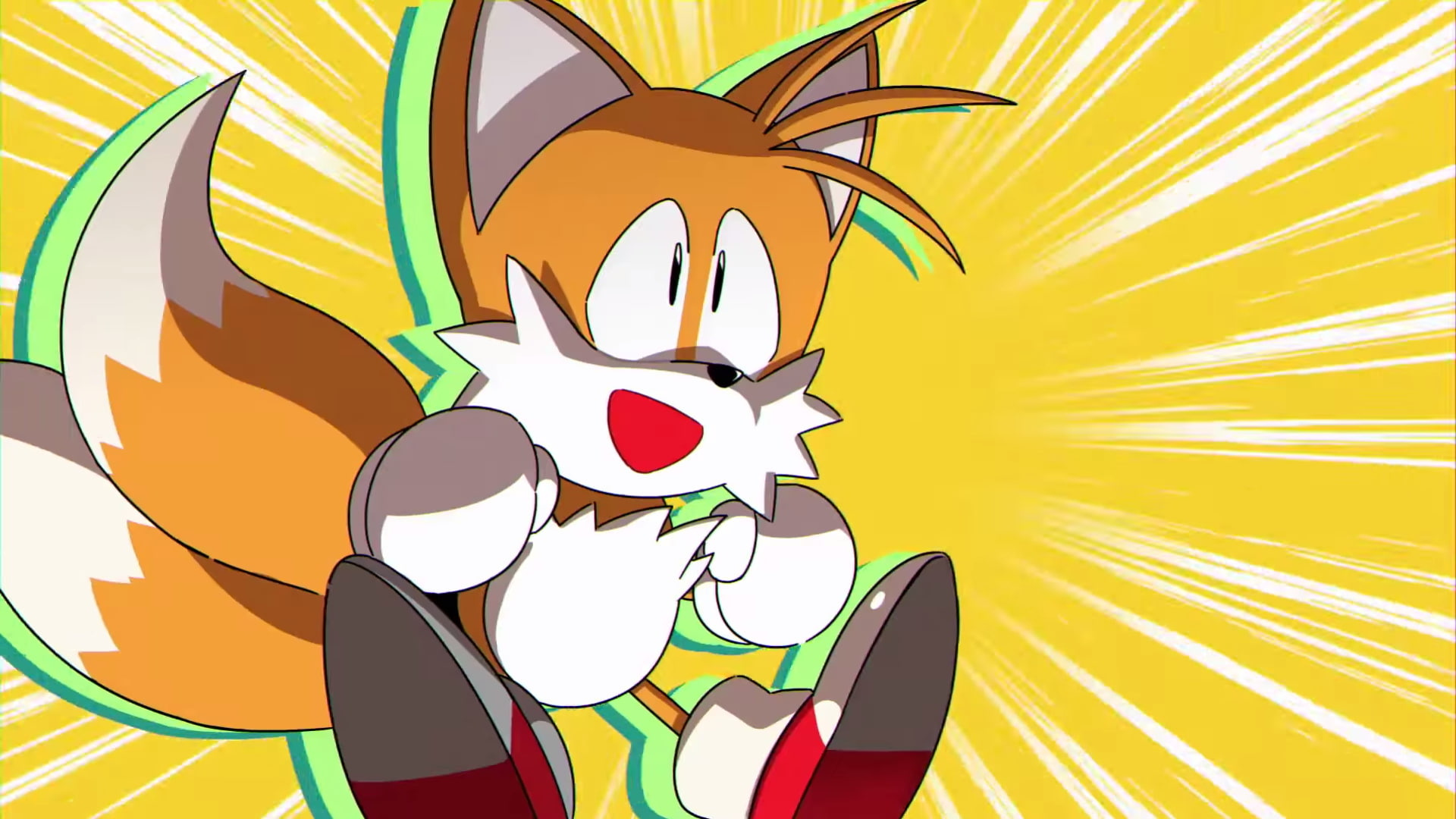 Miles Tails Prower cheering, Yellow radial speed lines, Twin fox tails, Full HD Desktop wallpaper