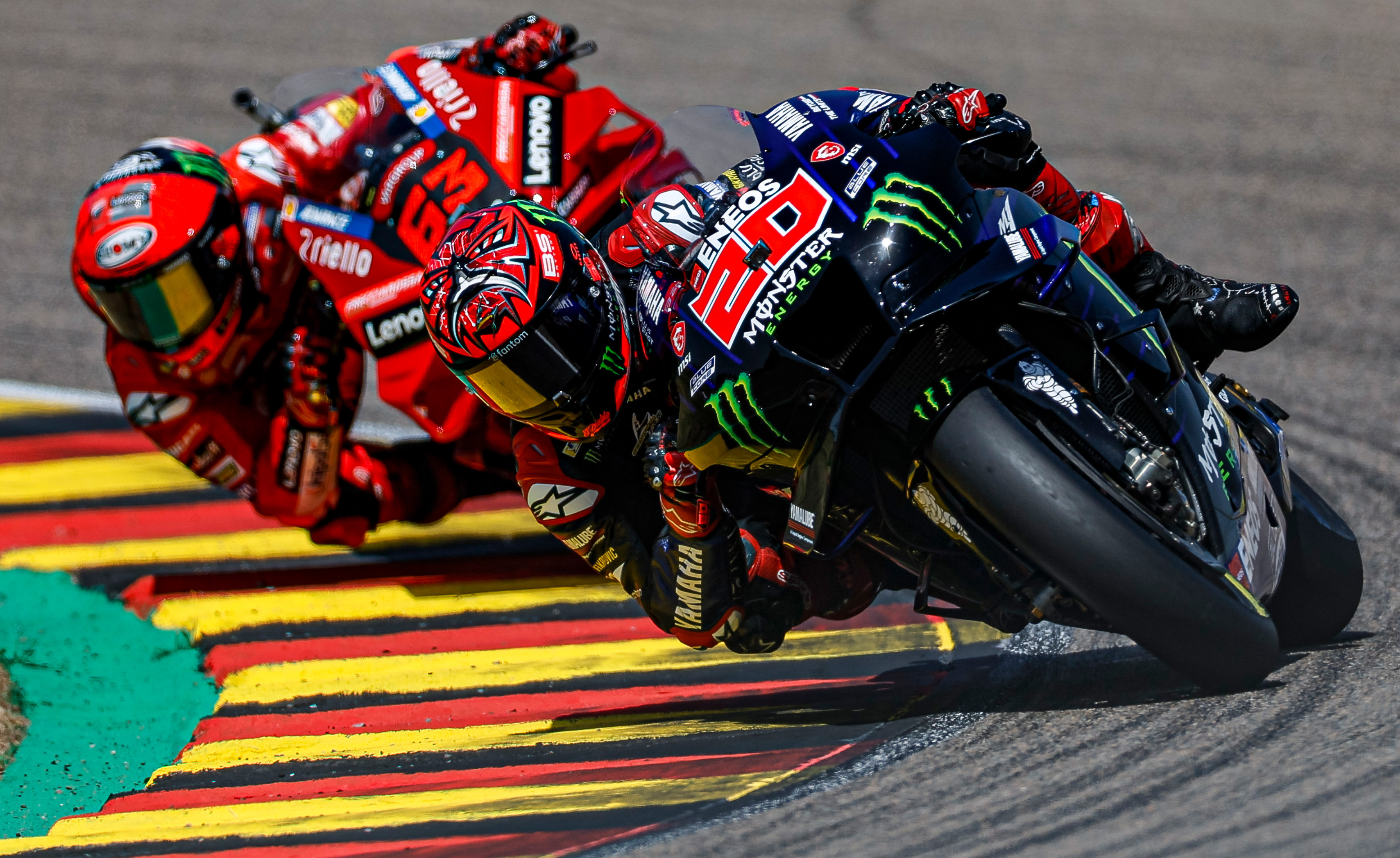 Fabio Quartararo number 20, Francesco Bagnaia number 63, Monster Energy Yamaha YZR-M1, Ducati Lenovo red livery, Sachsenring yellow black kerb, HD Desktop wallpaper