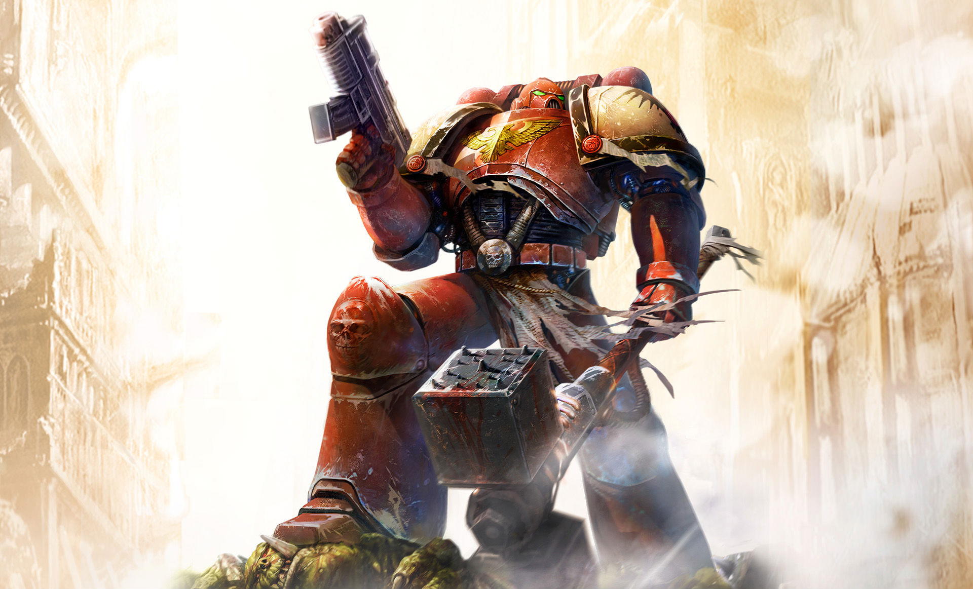 Blood Ravens Space Marine, Boltgun and Thunder Hammer, Defeated Ork corpses, HD Desktop wallpaper