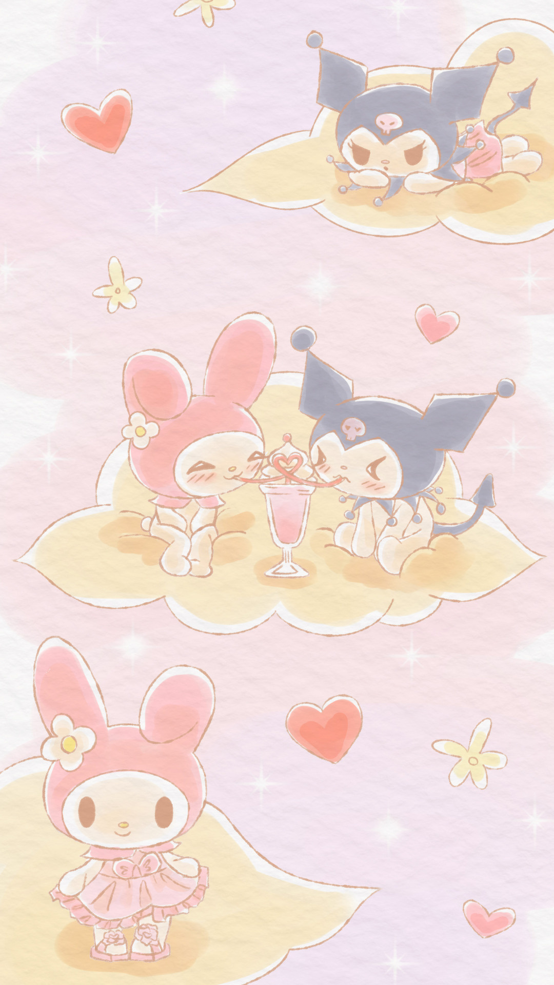 My Melody, Kuromi, shared milkshake glass, Full HD Phone wallpaper