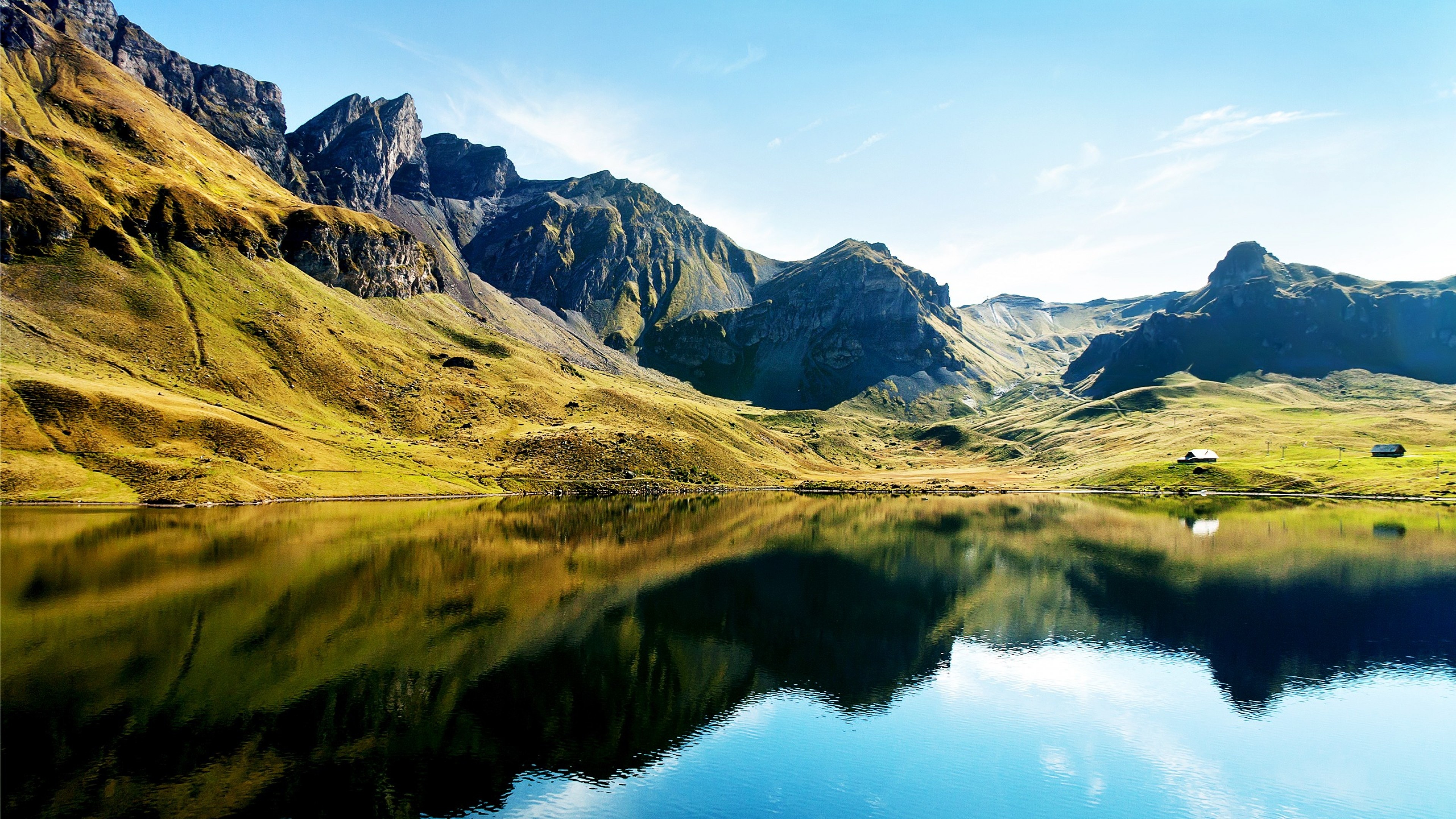 Swiss Alps lake, Symmetrical mountain reflection, Grassy alpine valley, 4K Desktop wallpaper