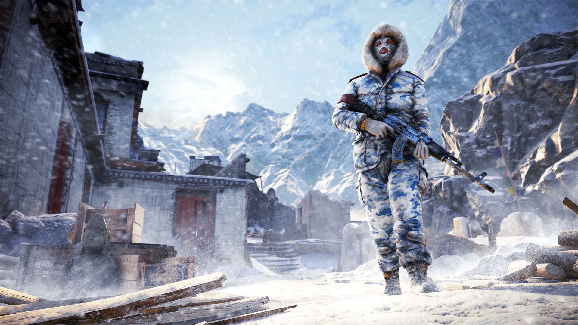 Far Cry 4 Royal Guard soldier, AK-47 assault rifle, Snowy Himalayas outpost, Full HD Desktop wallpaper