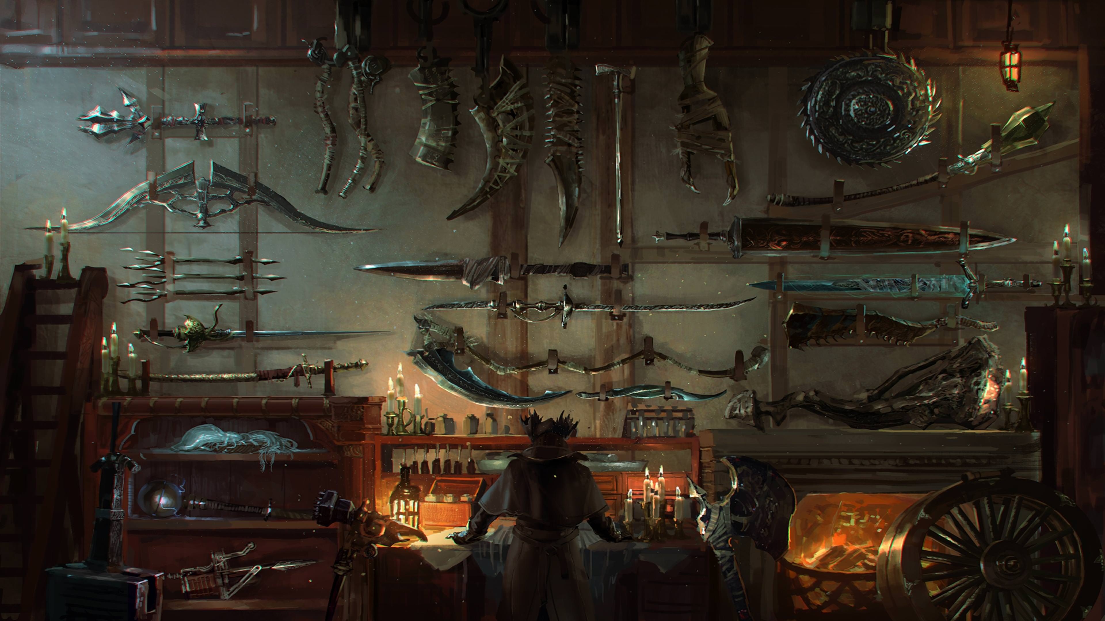 Bloodborne hunter, Holy Moonlight Sword, Logarius' Wheel, Simon's Bowblade, Hunter's Dream workshop, 4K Desktop wallpaper