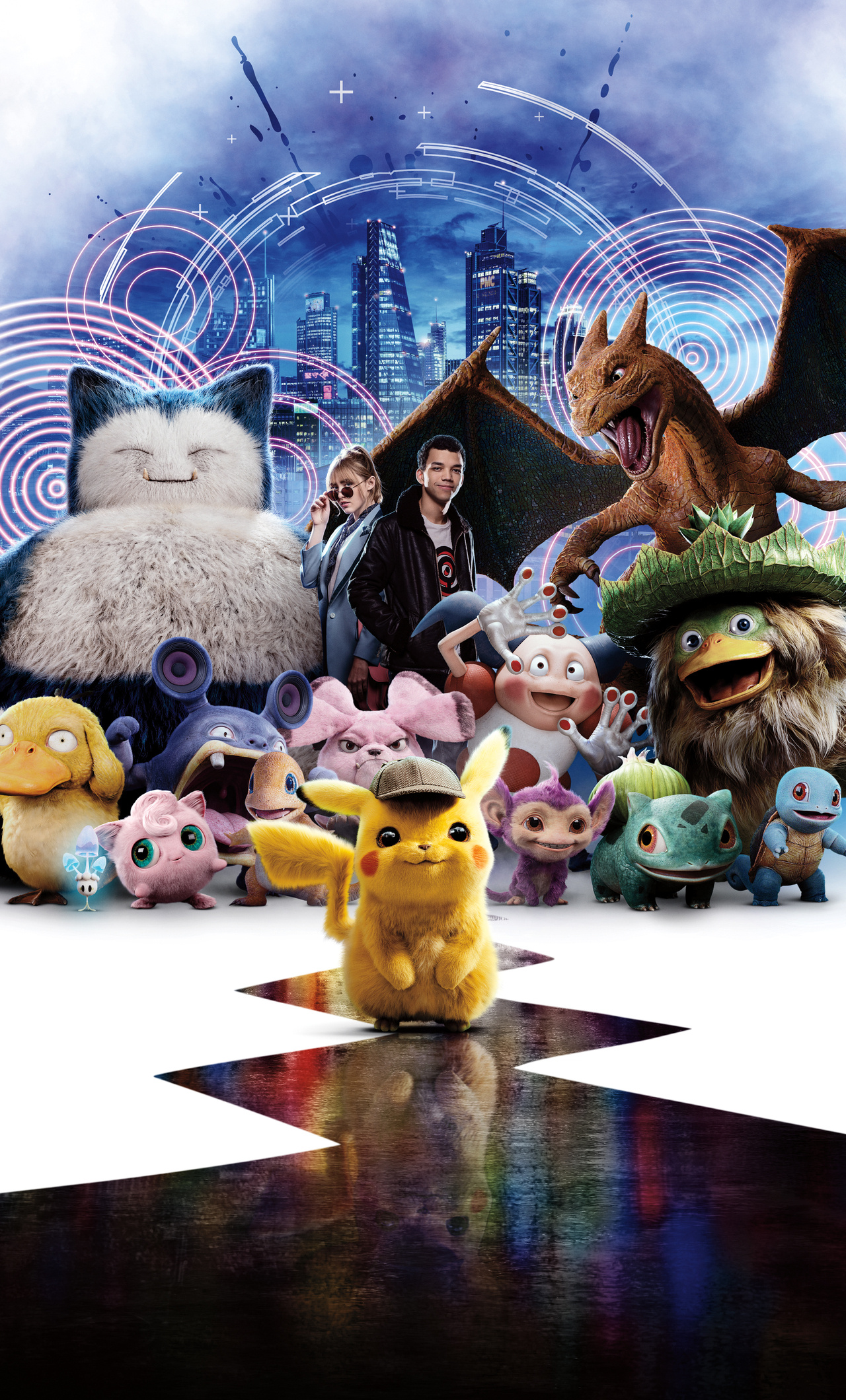 Detective Pikachu, Charizard, Snorlax, Psyduck, Justice Smith, HD Phone wallpaper