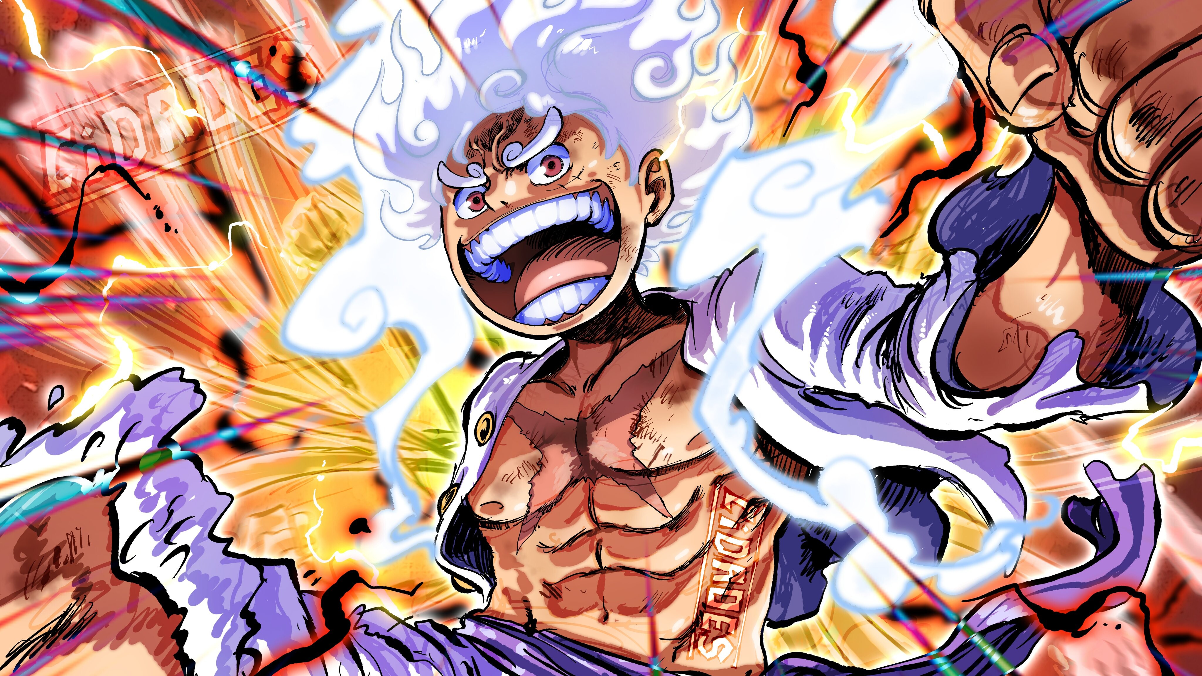 Luffy, Gear 5, White hair and red eye rings, Radiant energy burst, Purple brushstroke backdrop, 4K Desktop wallpaper