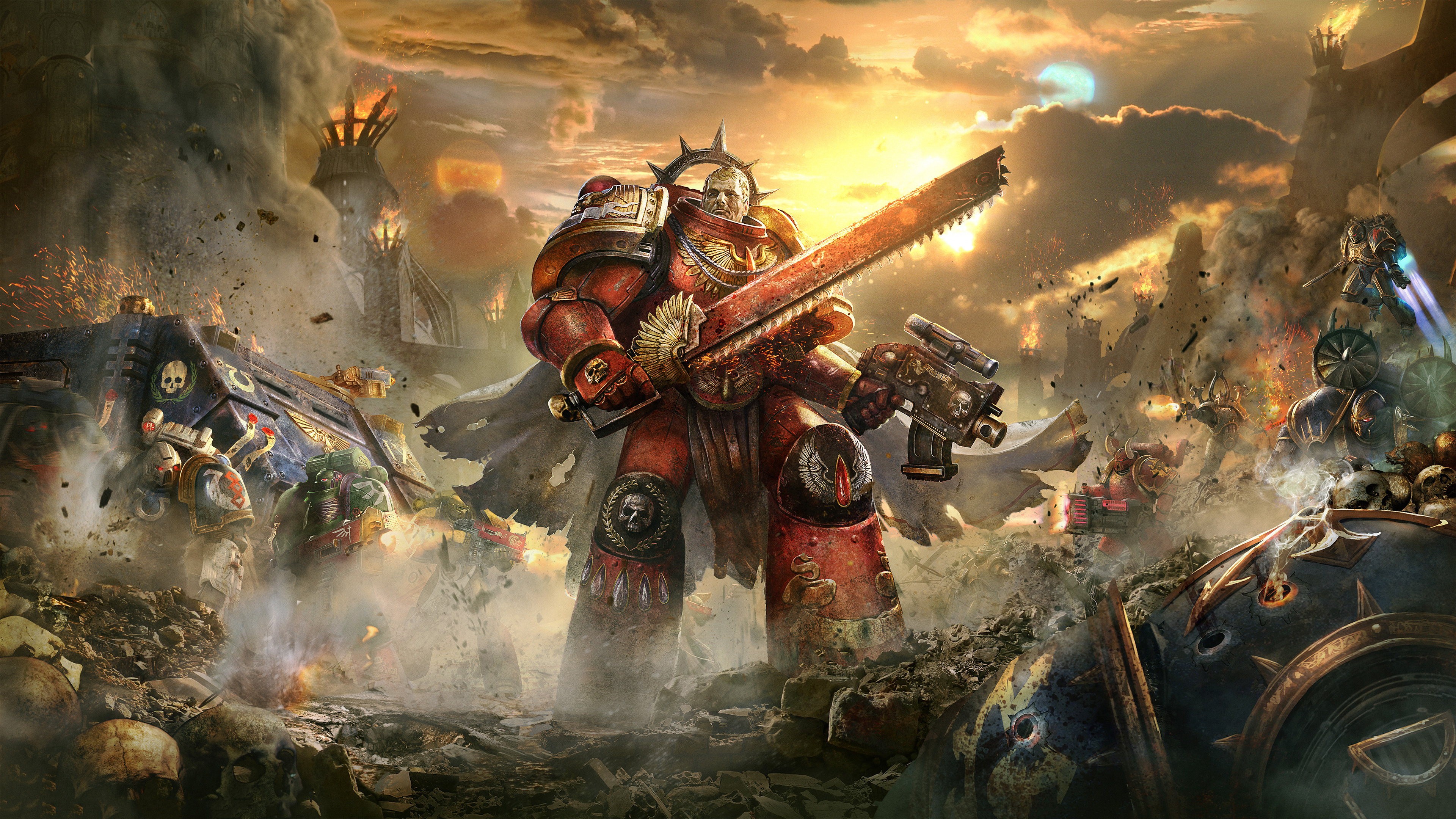 Blood Angels Space Marine, Astartes chainsword, Warhammer 40,000 battlefield, 4K Desktop wallpaper