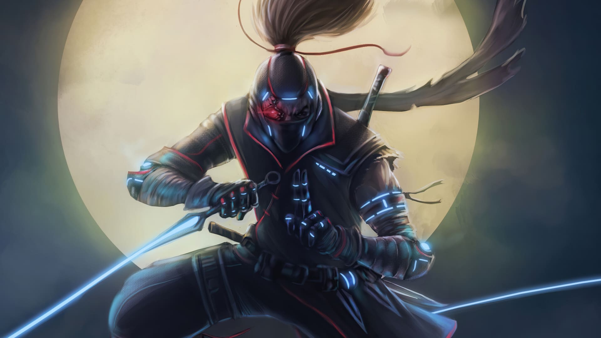 Cyberpunk ninja warrior, Glowing energy kunai, Full moon backdrop, Full HD Desktop wallpaper