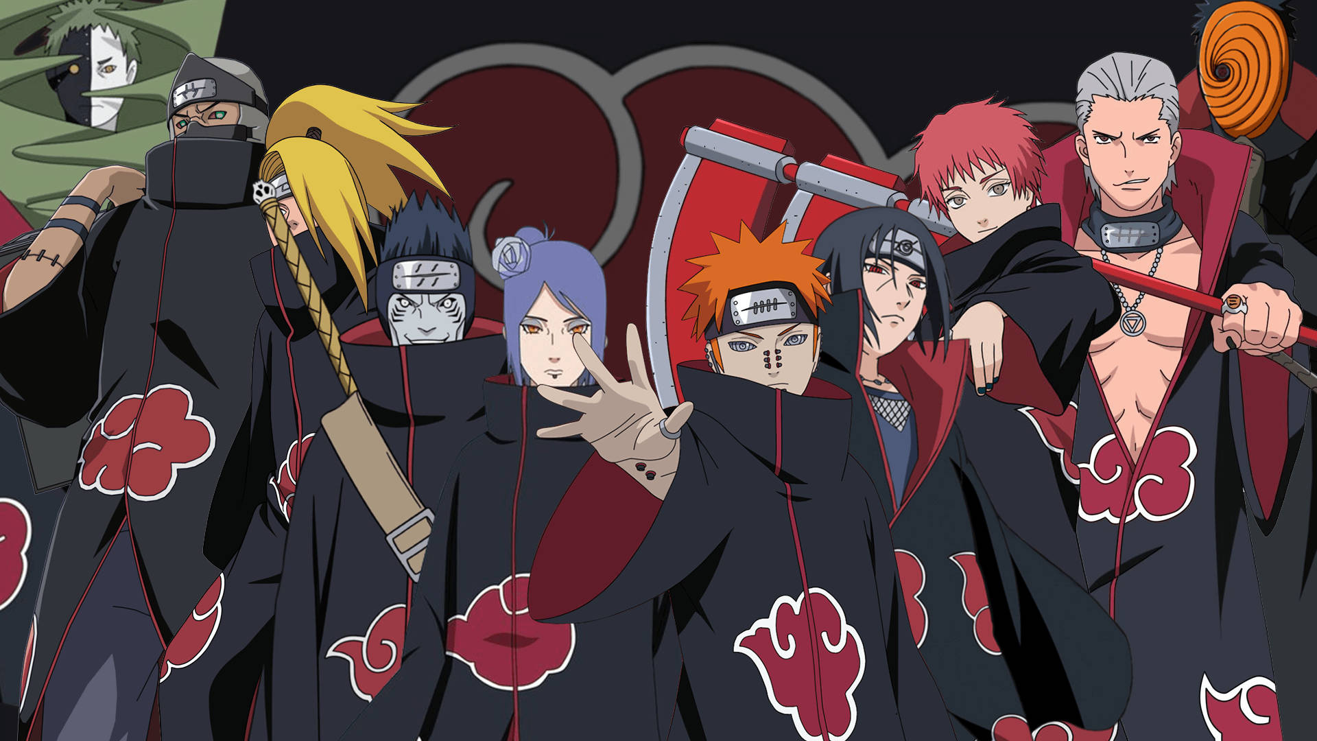 Pain, Itachi Uchiha, Konan, Hidan, Akatsuki red cloud cloak, Full HD Desktop wallpaper