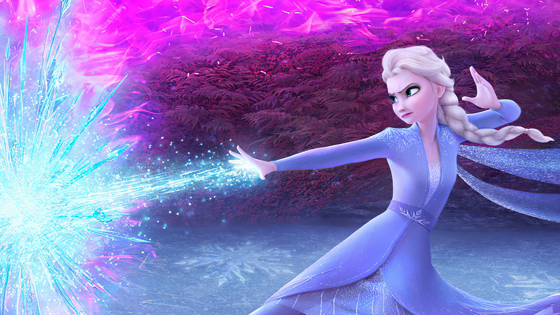 Elsa Frozen 2, ice magic blast, magenta magical flames, Full HD Desktop wallpaper