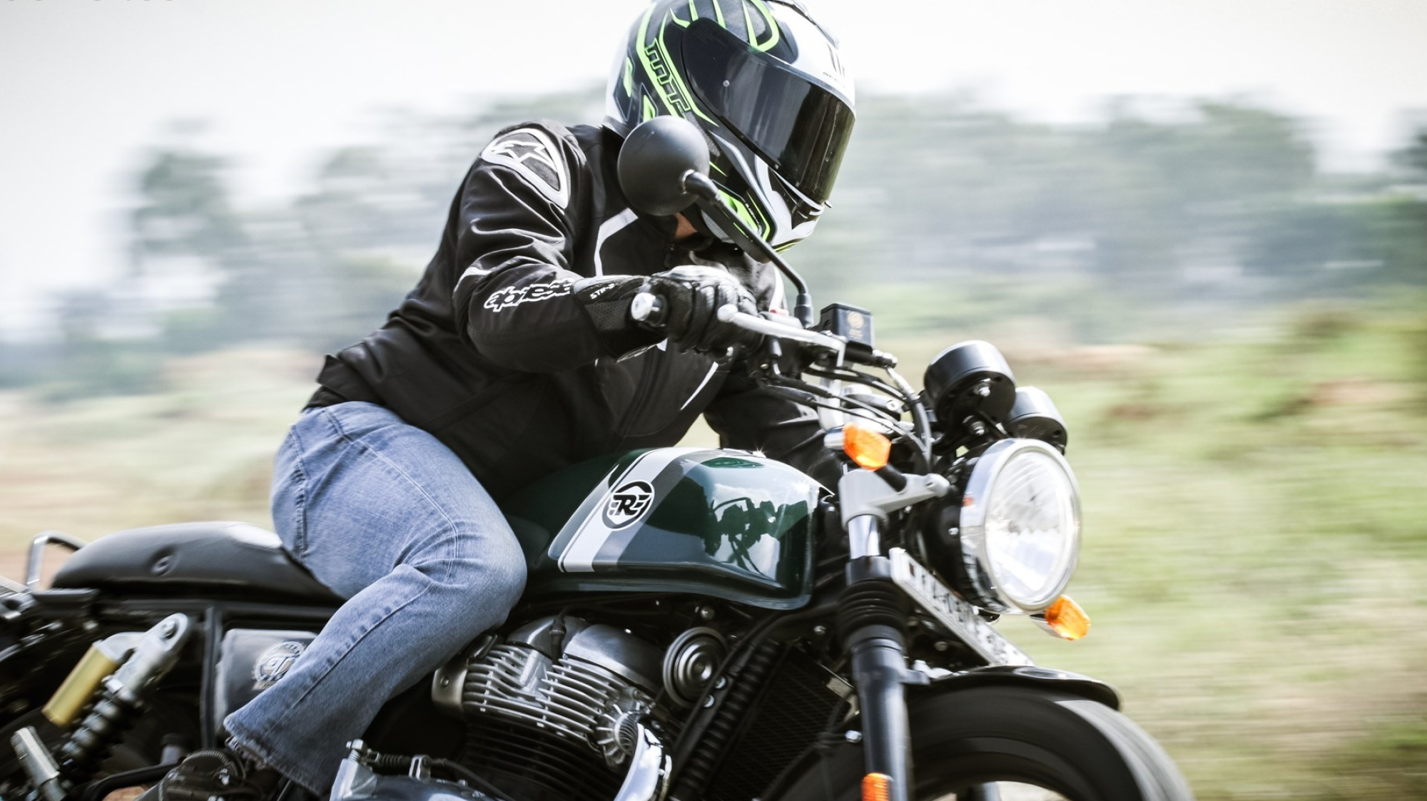 Royal Enfield Continental GT 650, Helmeted motorcycle rider, Motion blur background, HD Desktop wallpaper