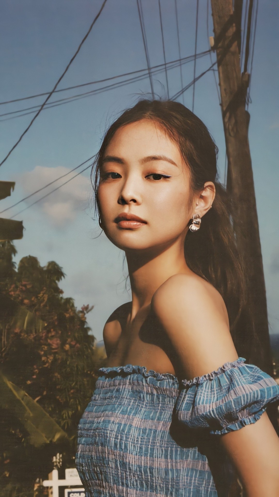 Jennie Kim, blue plaid off-shoulder top, wooden utility pole wires, Full HD Phone wallpaper