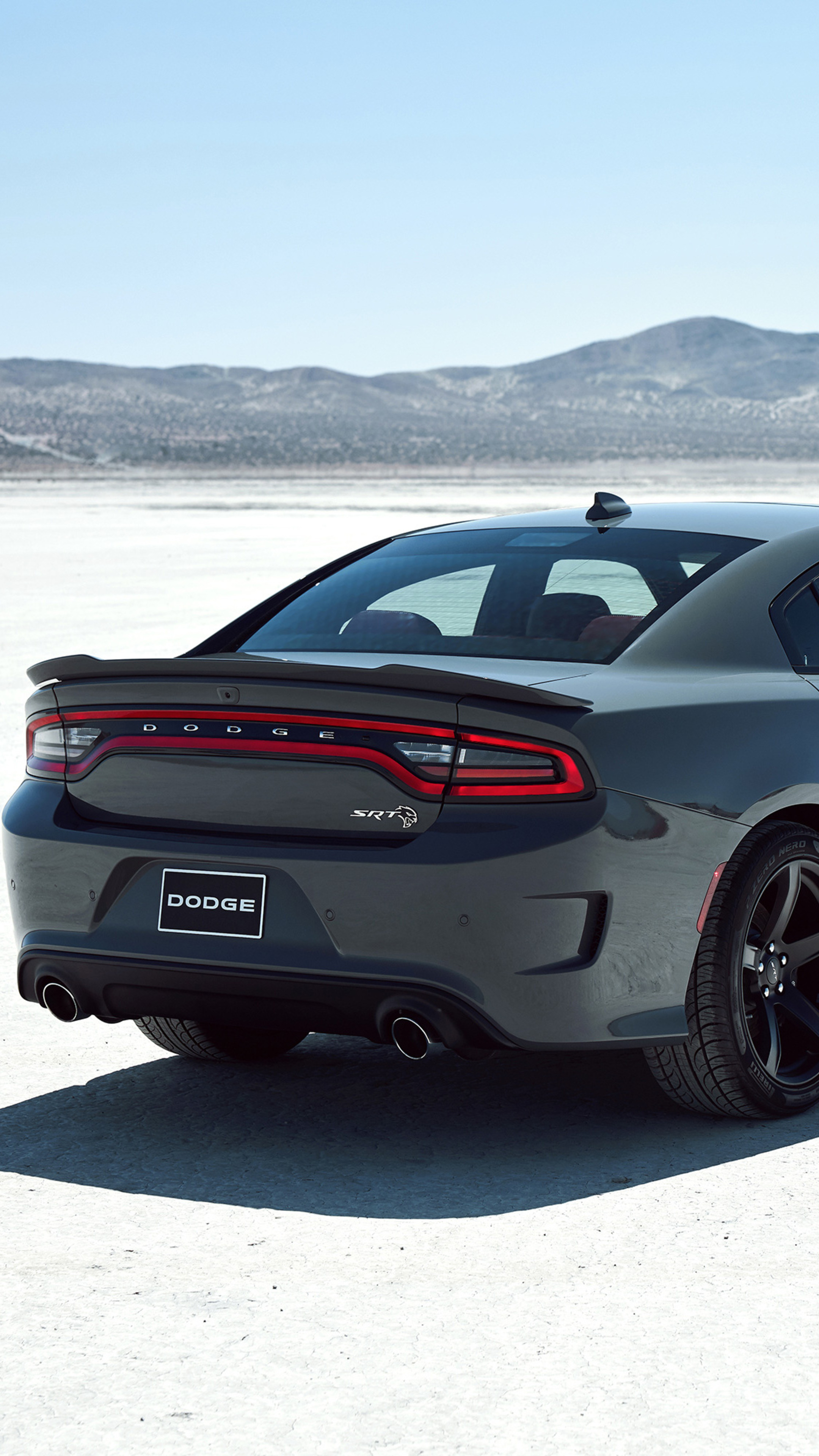Dodge Charger SRT Hellcat, SRT Hellcat emblem, desert salt flats, 4K Phone wallpaper