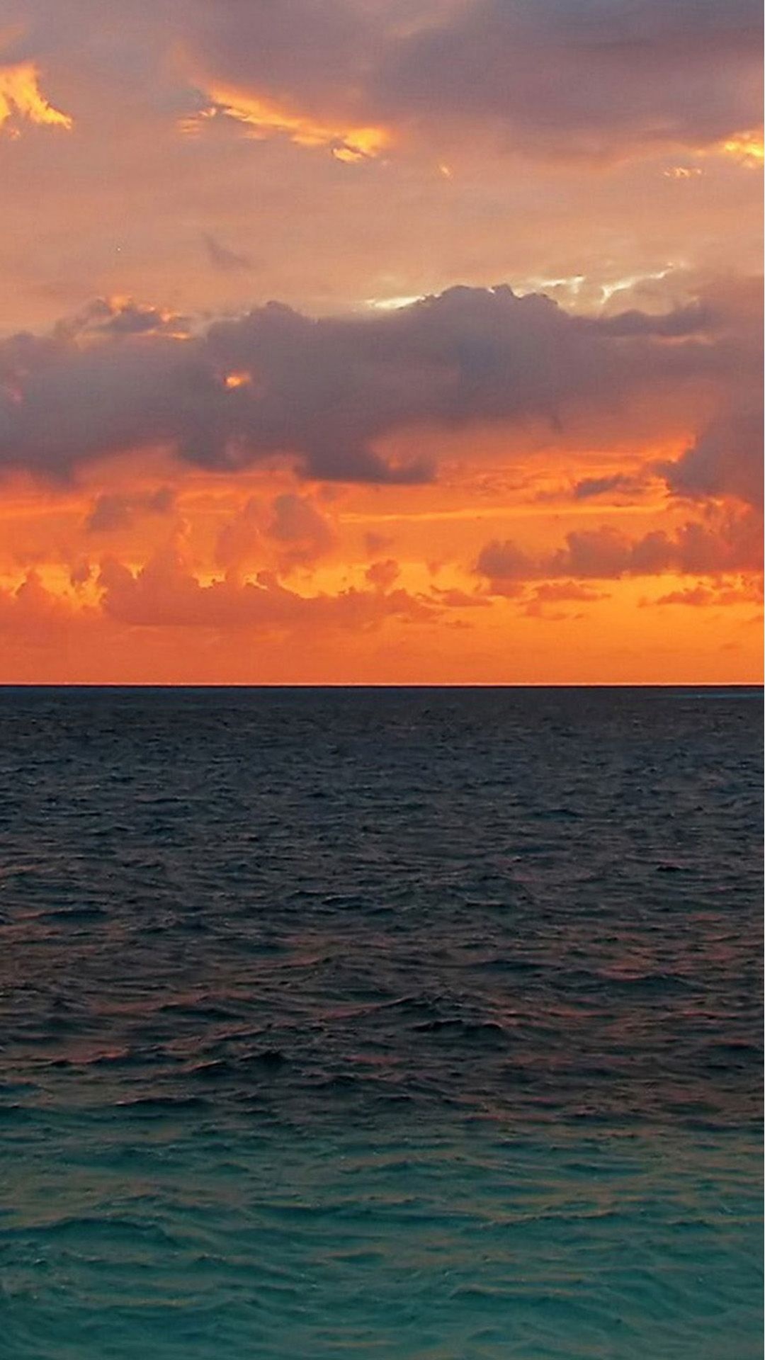 Orange sunset sky, Deep blue ocean horizon, Turquoise sea water, Full HD Phone wallpaper