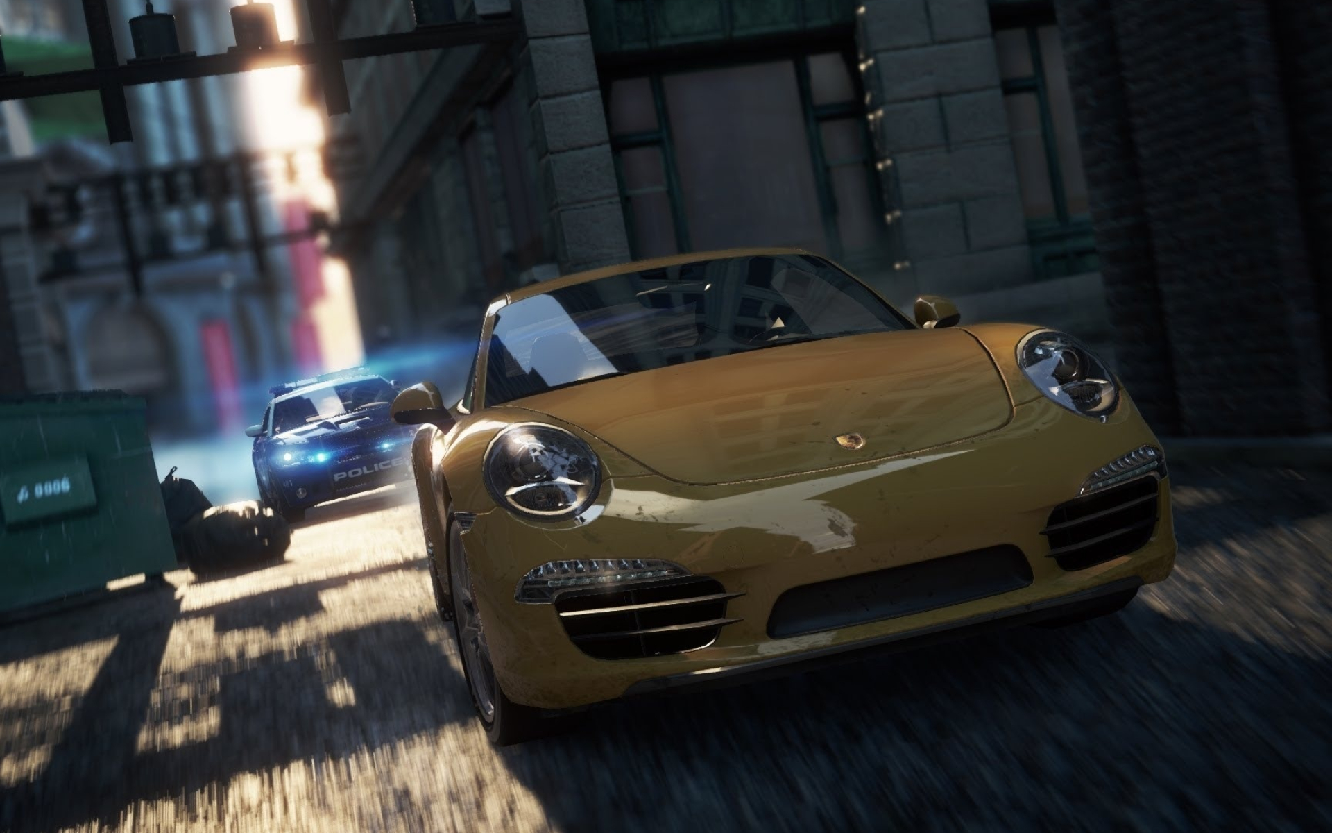 Porsche 911 Carrera S, Police cruiser pursuit, Fairhaven City alley, HD Desktop wallpaper