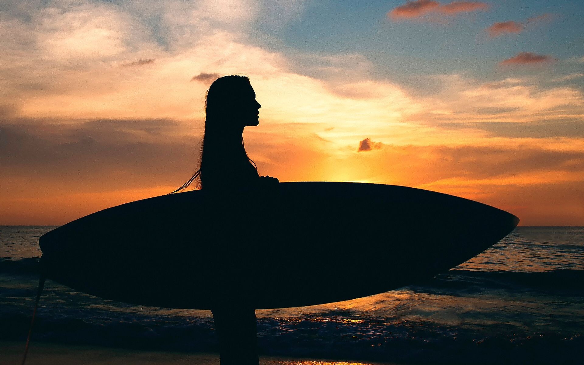 Surf girl at sunset, Beach beauty, Golden hour magic, Tranquil paradise, 1920x1200 HD Desktop