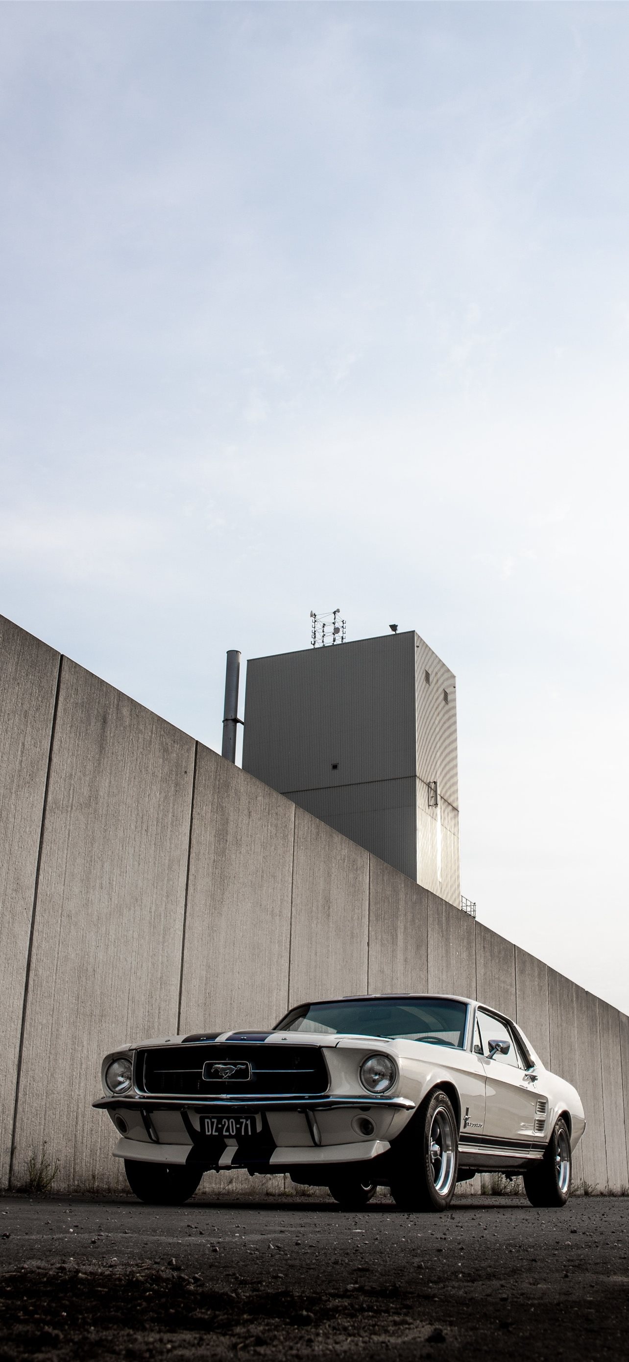 White Ford Mustang Coupe, Industrial concrete wall, Industrial tower structure, HD Phone wallpaper
