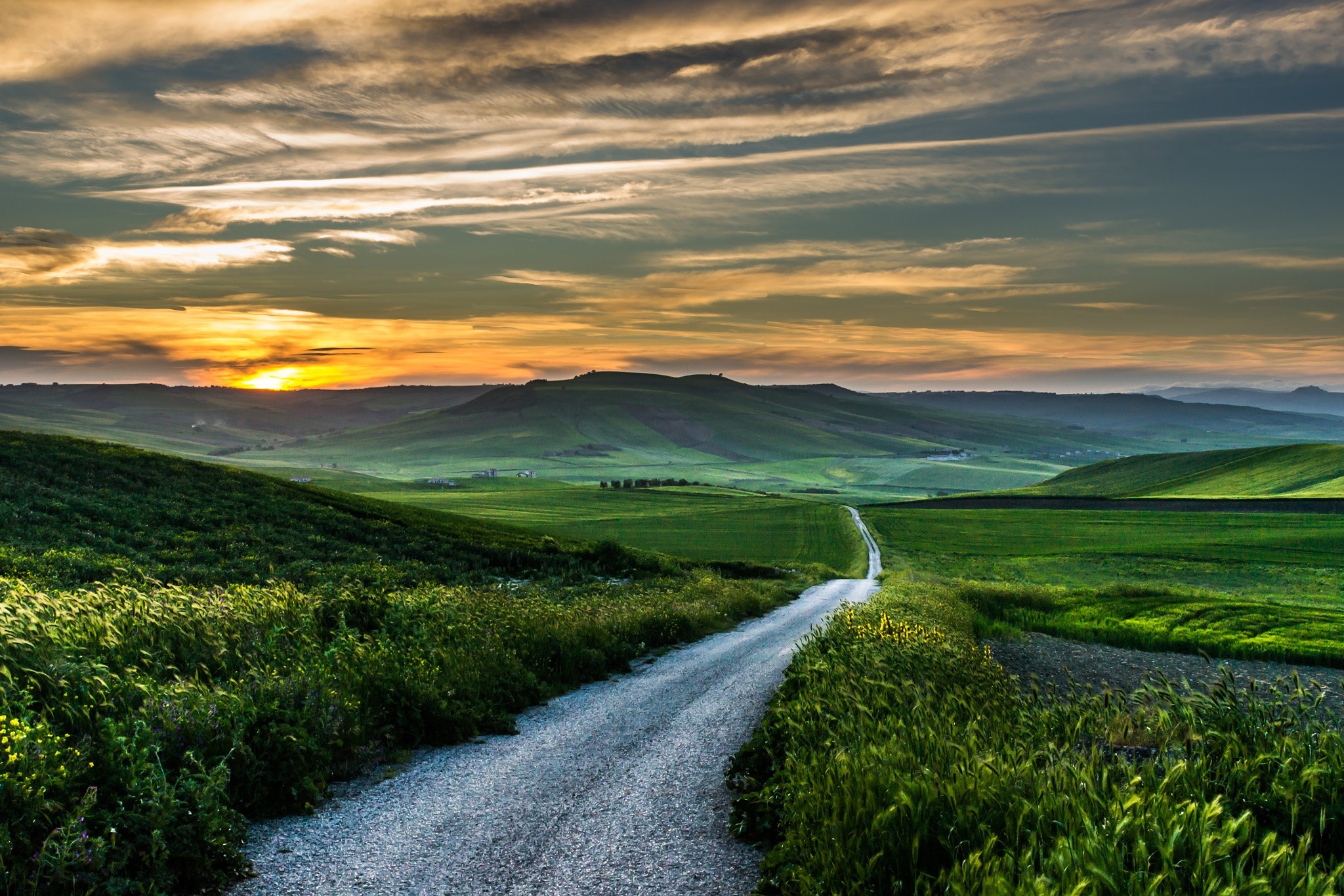 winding gravel road, green rolling hills, golden sunset clouds, HD Desktop wallpaper