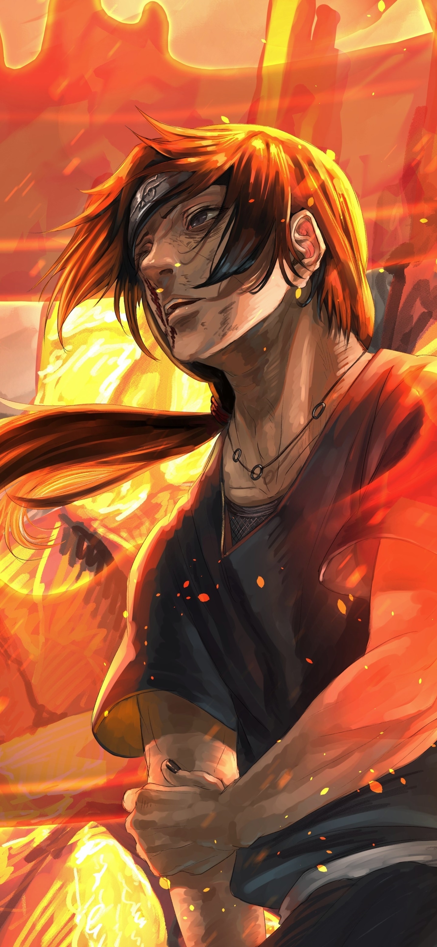 Itachi Uchiha, slashed Hidden Leaf headband, fiery Susanoo aura, HD Phone wallpaper