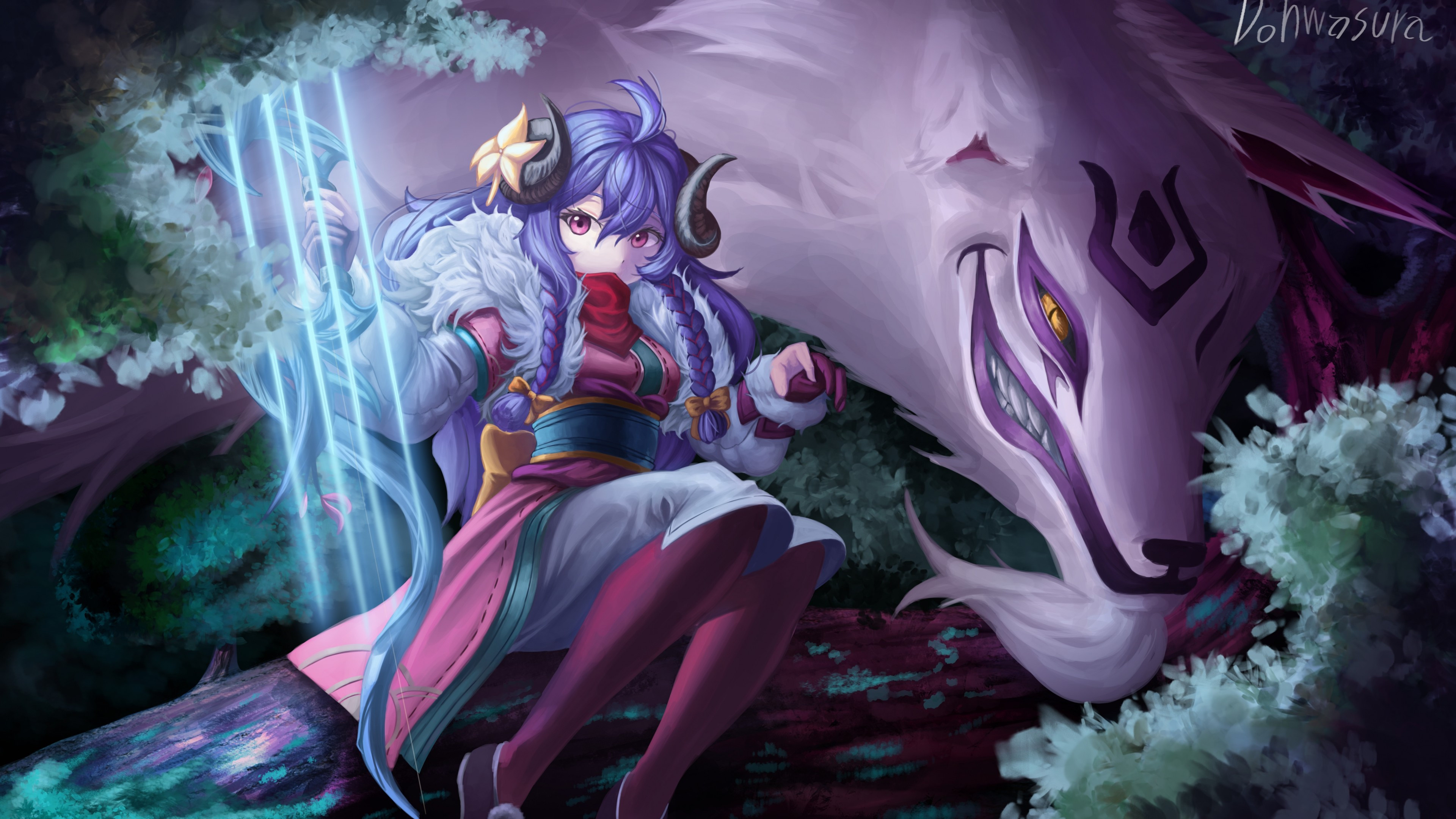 Kindred League of Legends, Anime style, Horns, Fox braids, 3840x2160 4K Desktop