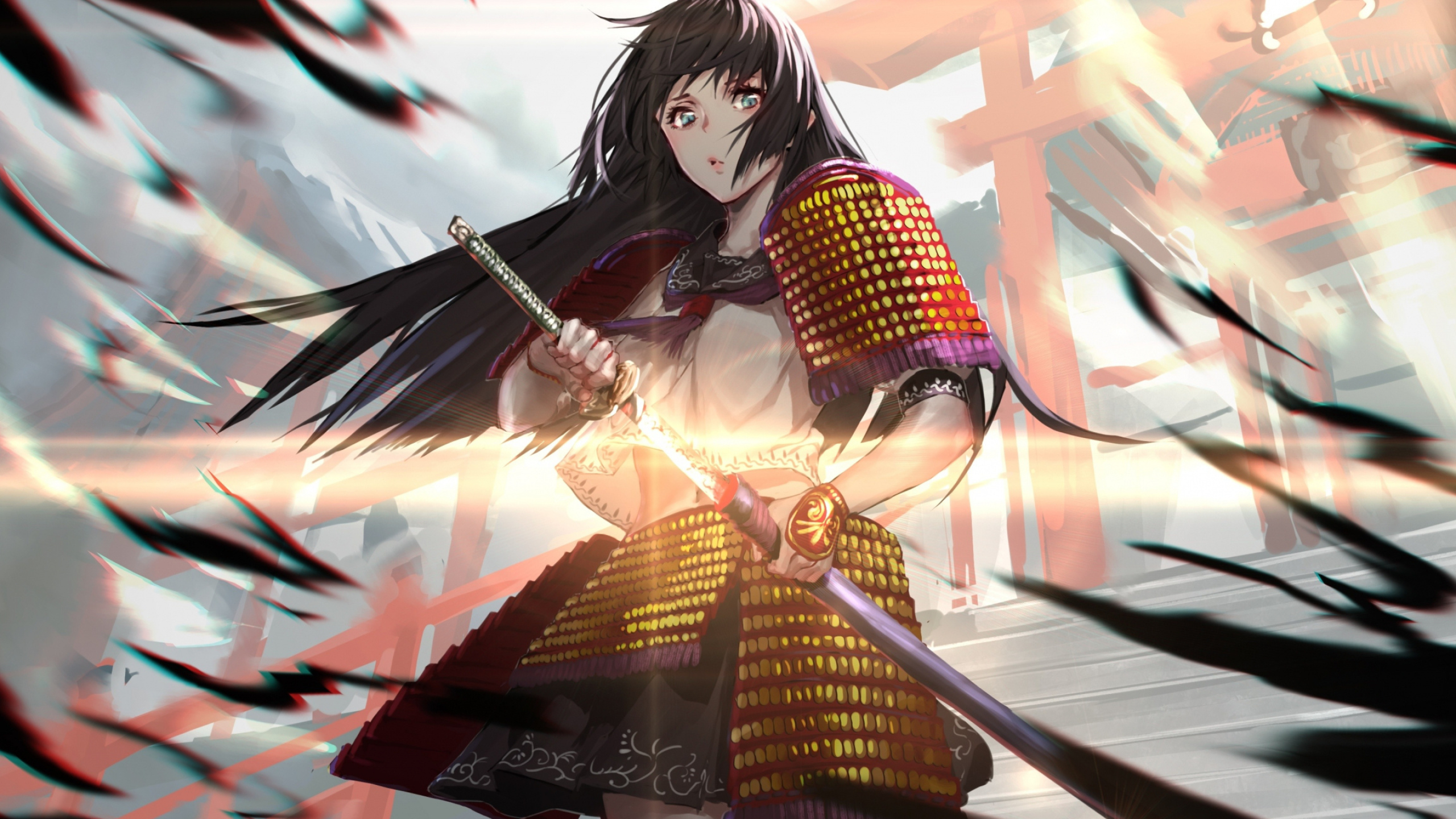 Onna-musha drawing katana, Samurai lamellar armor, Shinto shrine torii gate, HD Desktop wallpaper