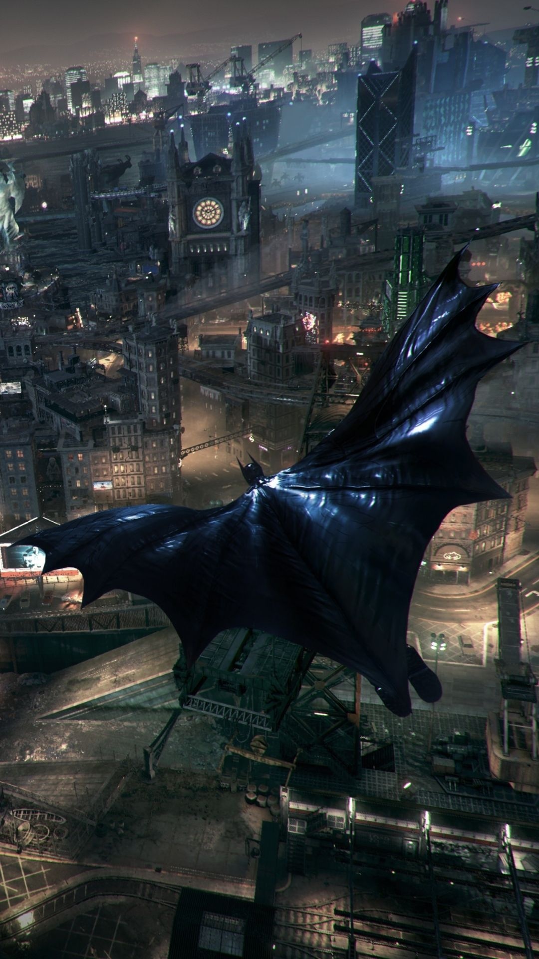 Batman gliding, Gotham City Clock Tower, Gotham City cityscape, Full HD Phone wallpaper