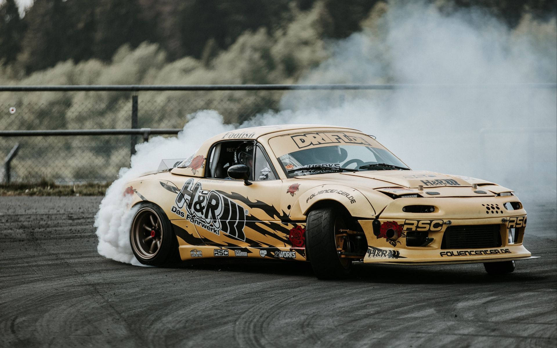 Mazda MX-5 Miata NA, "H&R Das Fahrwerk" decal, drifting tire smoke, HD Desktop wallpaper