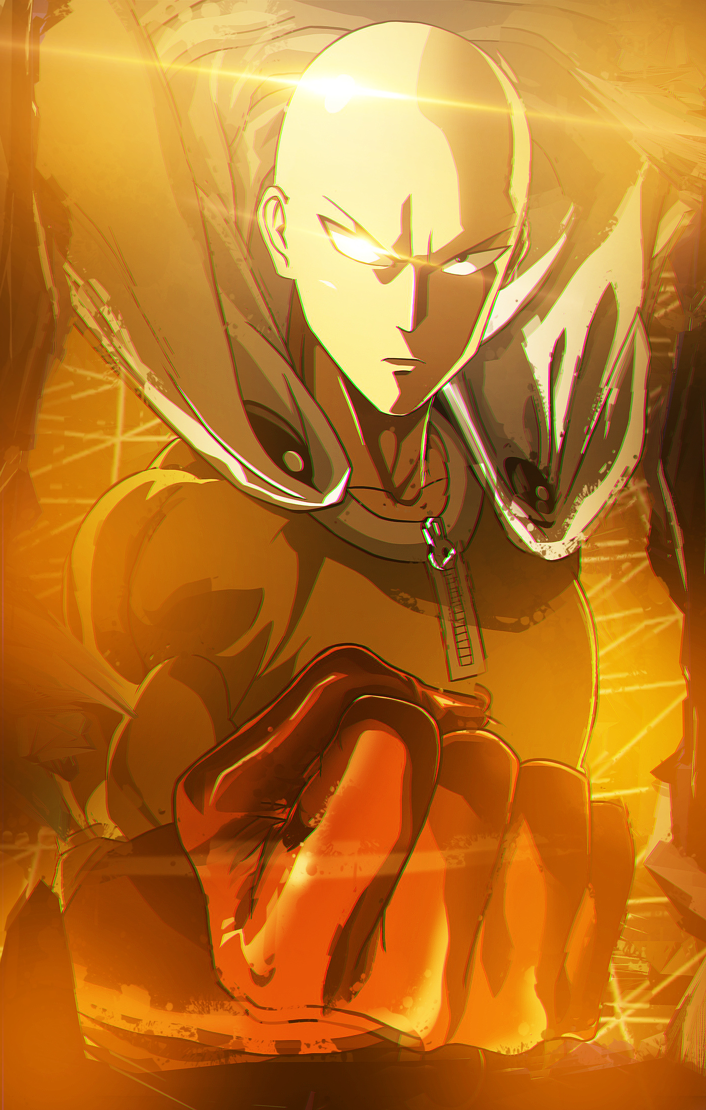 Saitama, Clenched red glove fist, Golden energy light flare, HD Phone wallpaper