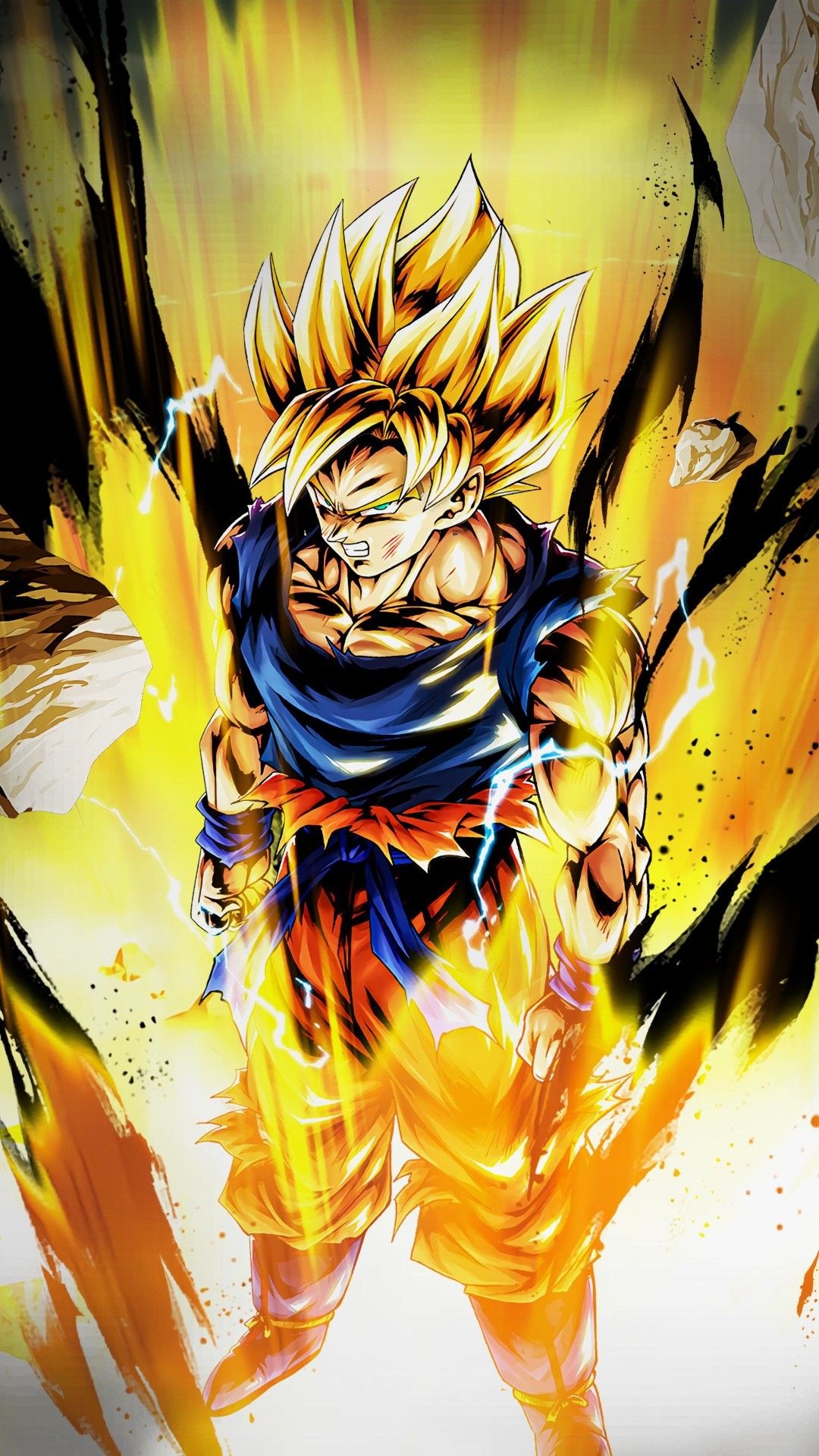 Super Saiyan Goku, golden energy aura, torn orange gi, Full HD Phone wallpaper