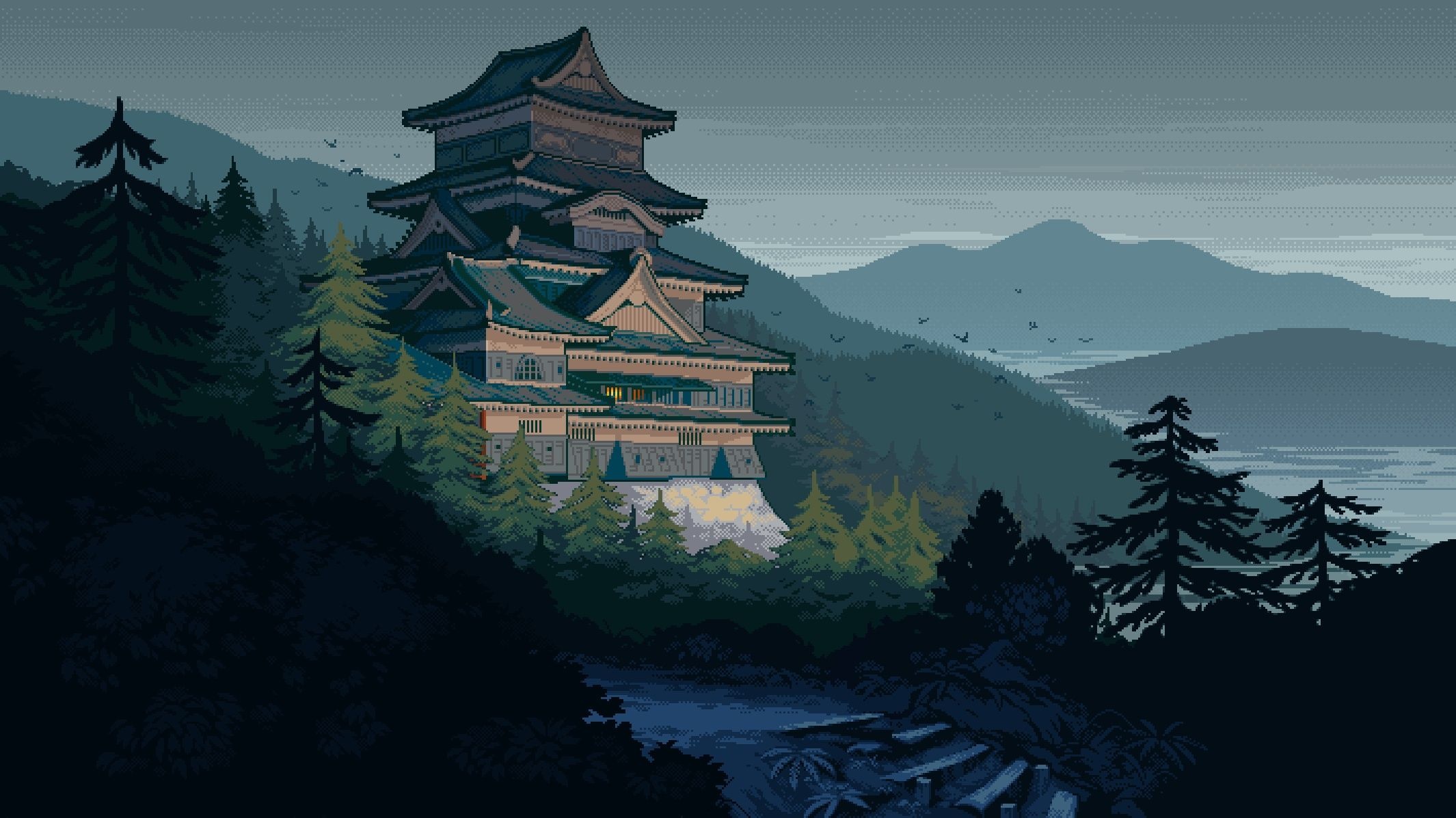 traditional Japanese castle, conifer forest hillside, misty mountain lake, HD Desktop wallpaper