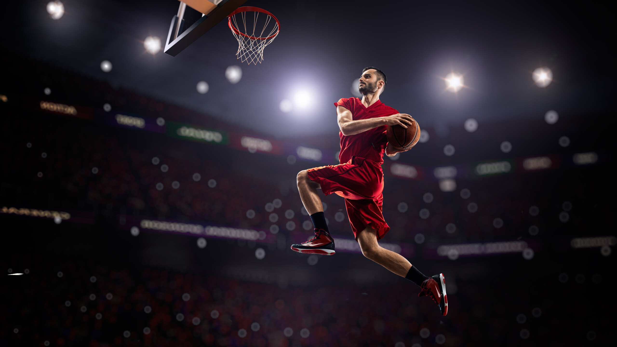 Basketball man jumping, High-resolution images, 8K and 1440p resolution, Basketball excitement, 2560x1440 HD Desktop