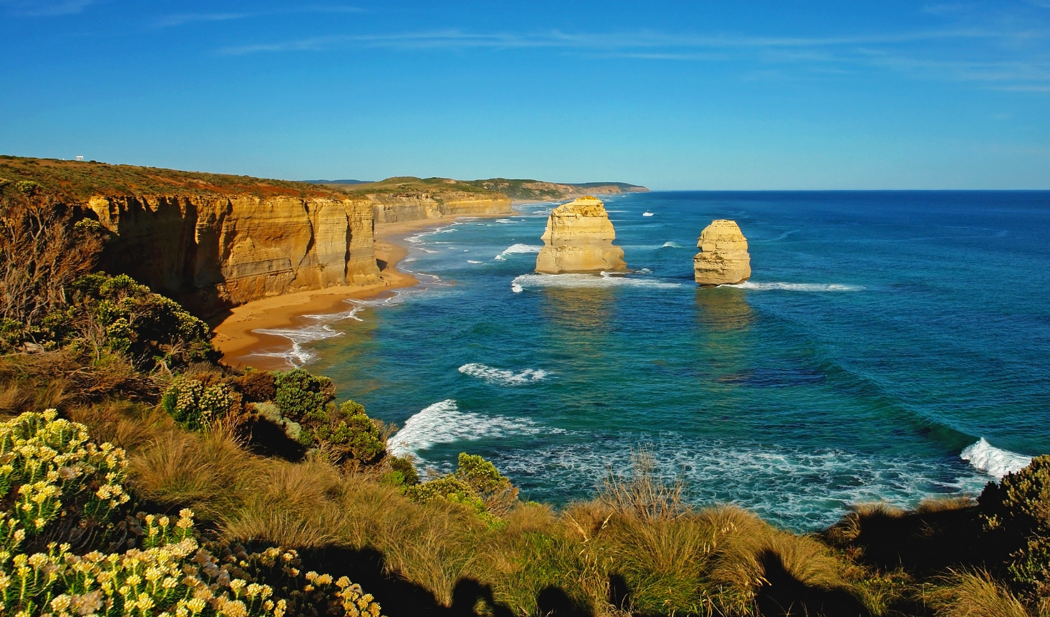 Great Ocean Road, Victoria, Limestone stacks, Coastline, 3380x1990 HD Desktop