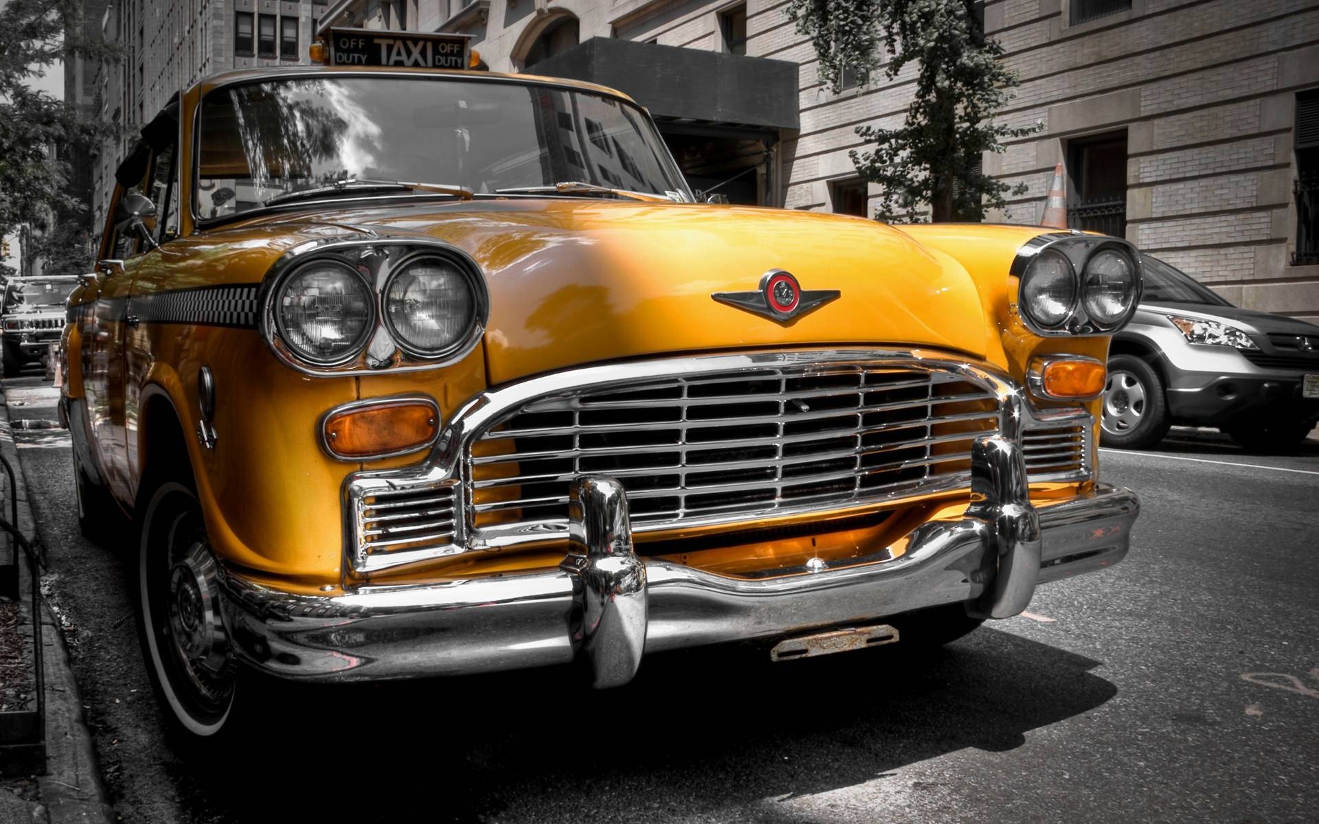 Checker Marathon taxicab, OFF DUTY TAXI sign, selective color urban street, HD Desktop wallpaper