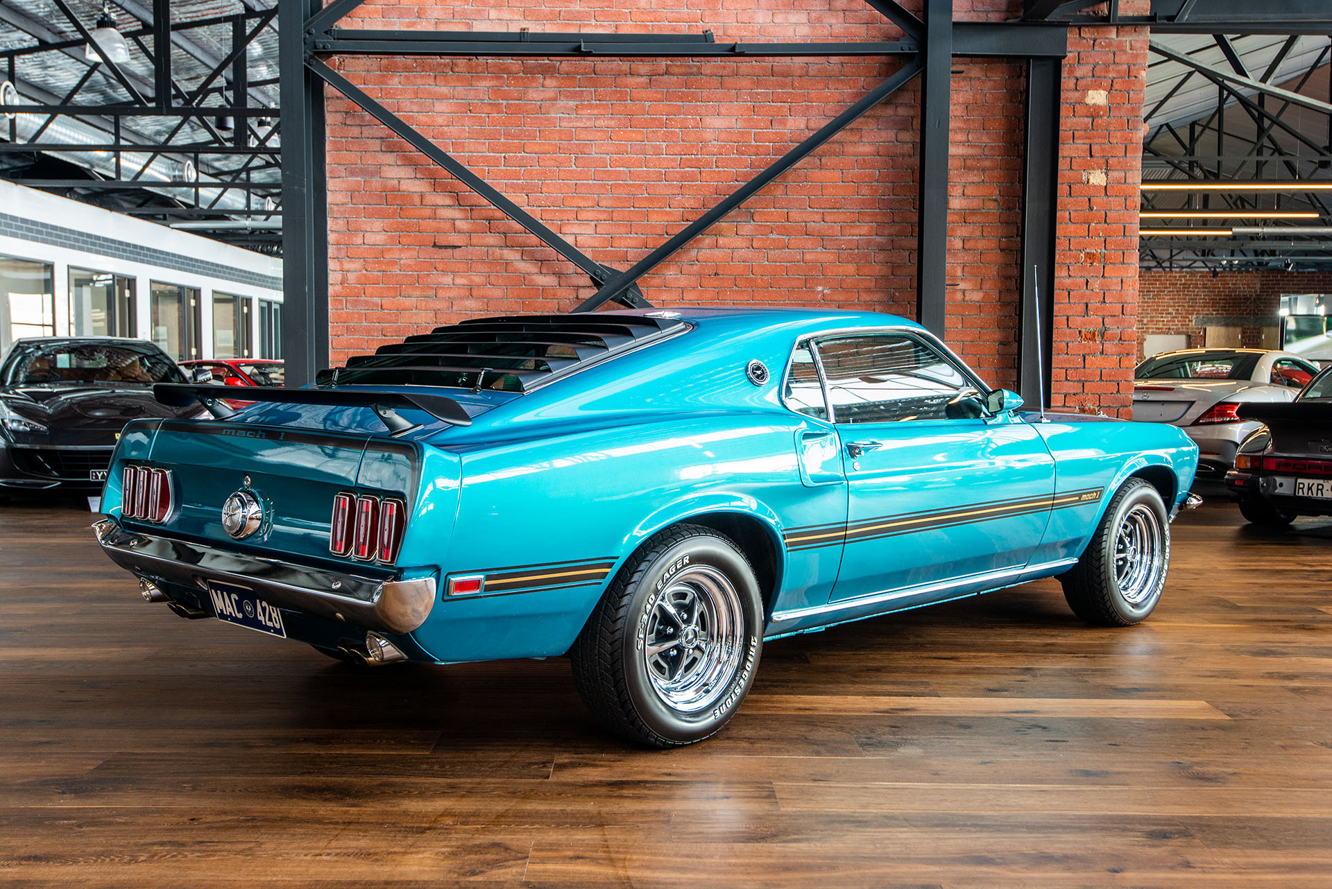 1969 Ford Mustang Mach 1, Rear window louvers, Brick showroom interior, HD Desktop wallpaper