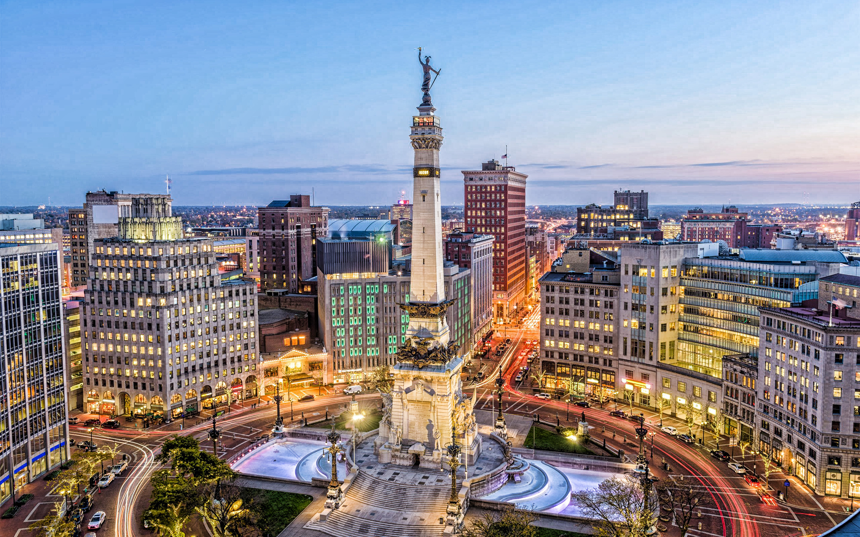 Indianapolis monuments, Indiana skyline, Monument Circle, Indiana sunset, 2880x1800 HD Desktop