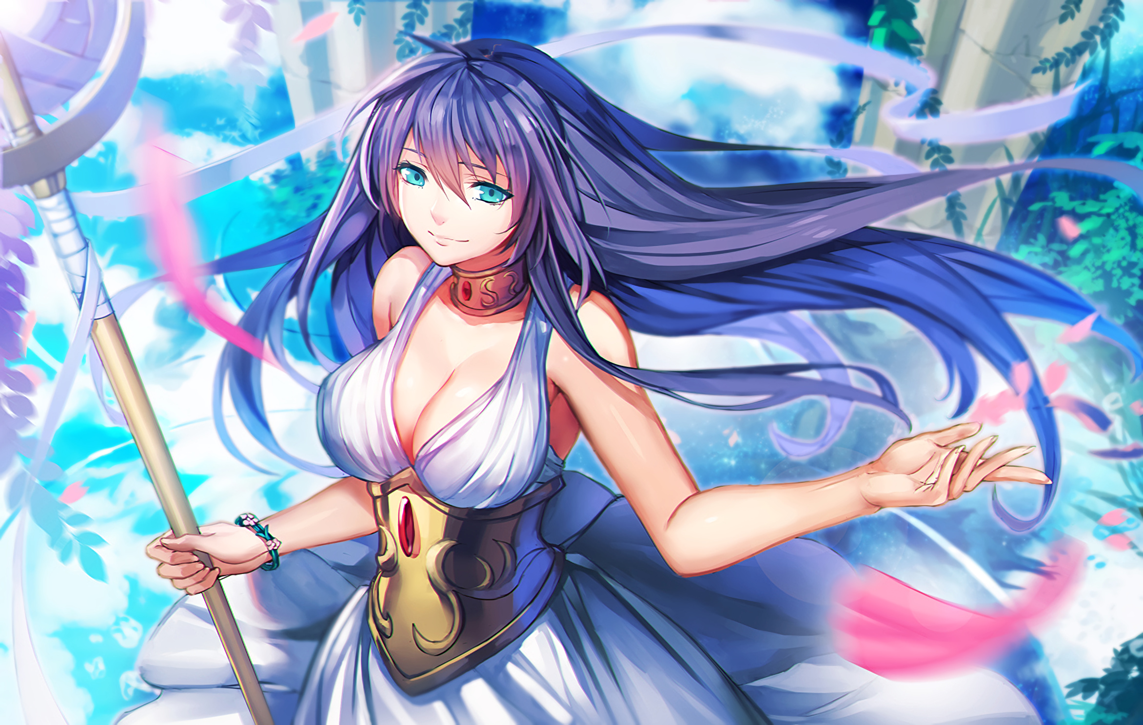 Athena Saori Kido, Staff of Nike, white goddess gown, HD Desktop wallpaper