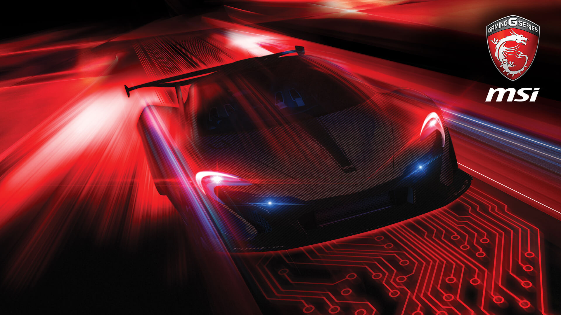 McLaren P1 race car, MSI Gaming Series logo, red glowing circuit traces, Full HD Desktop wallpaper