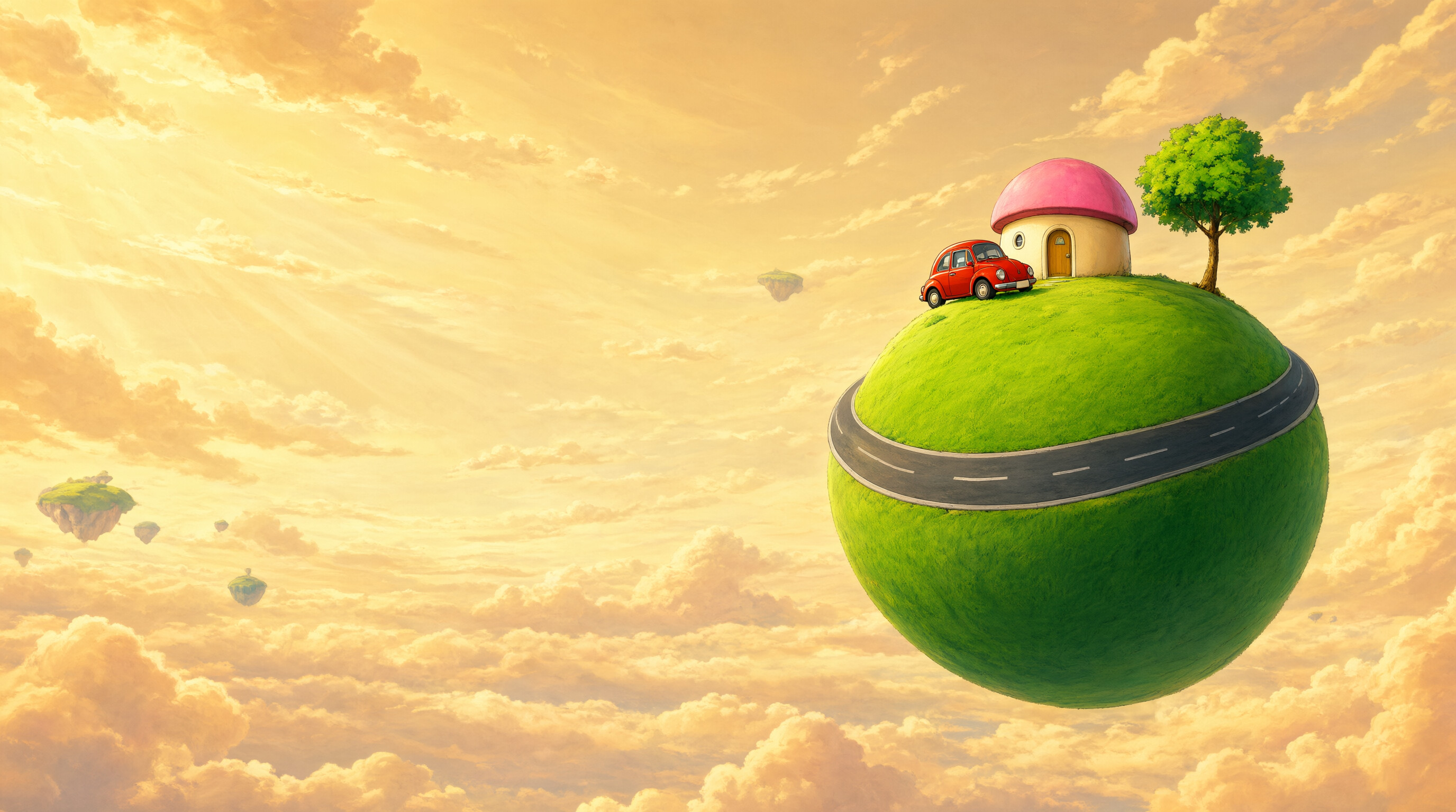 King Kai's Planet, Winding road, Round house and red car, Lone tree, Golden cloudscape, Dragon Ball Z, HD Desktop wallpaper