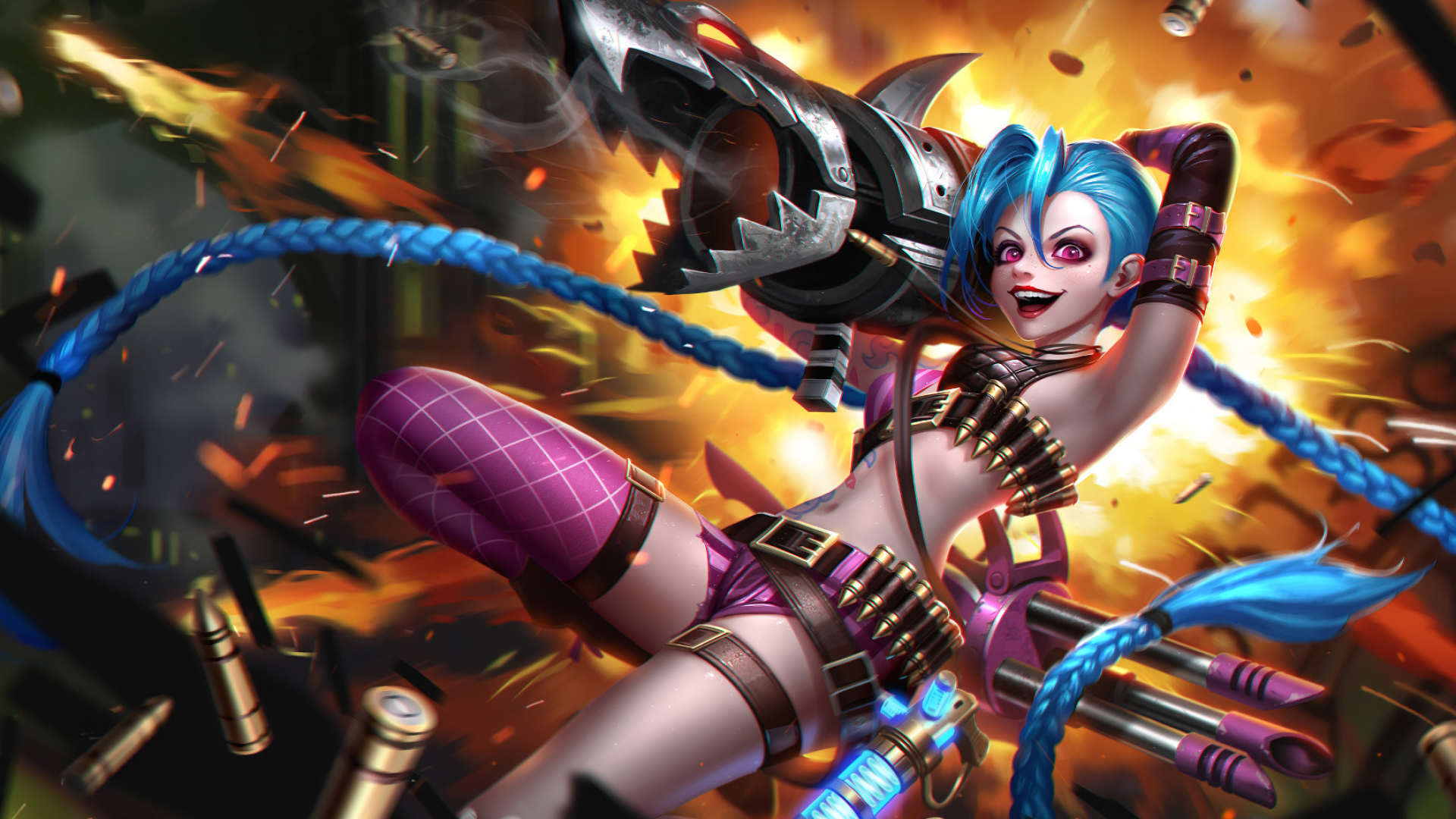 Jinx, League of Legends, Dynamic backgrounds, Explosive chaos, 1920x1080 Full HD Desktop